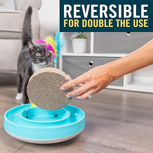 Miniatura 6 de OurPets - Juguete para gatos Wobble Scratch Track - Juguetes interactivos para gatos de interior con pista de bolas que rueda varita de plumas y