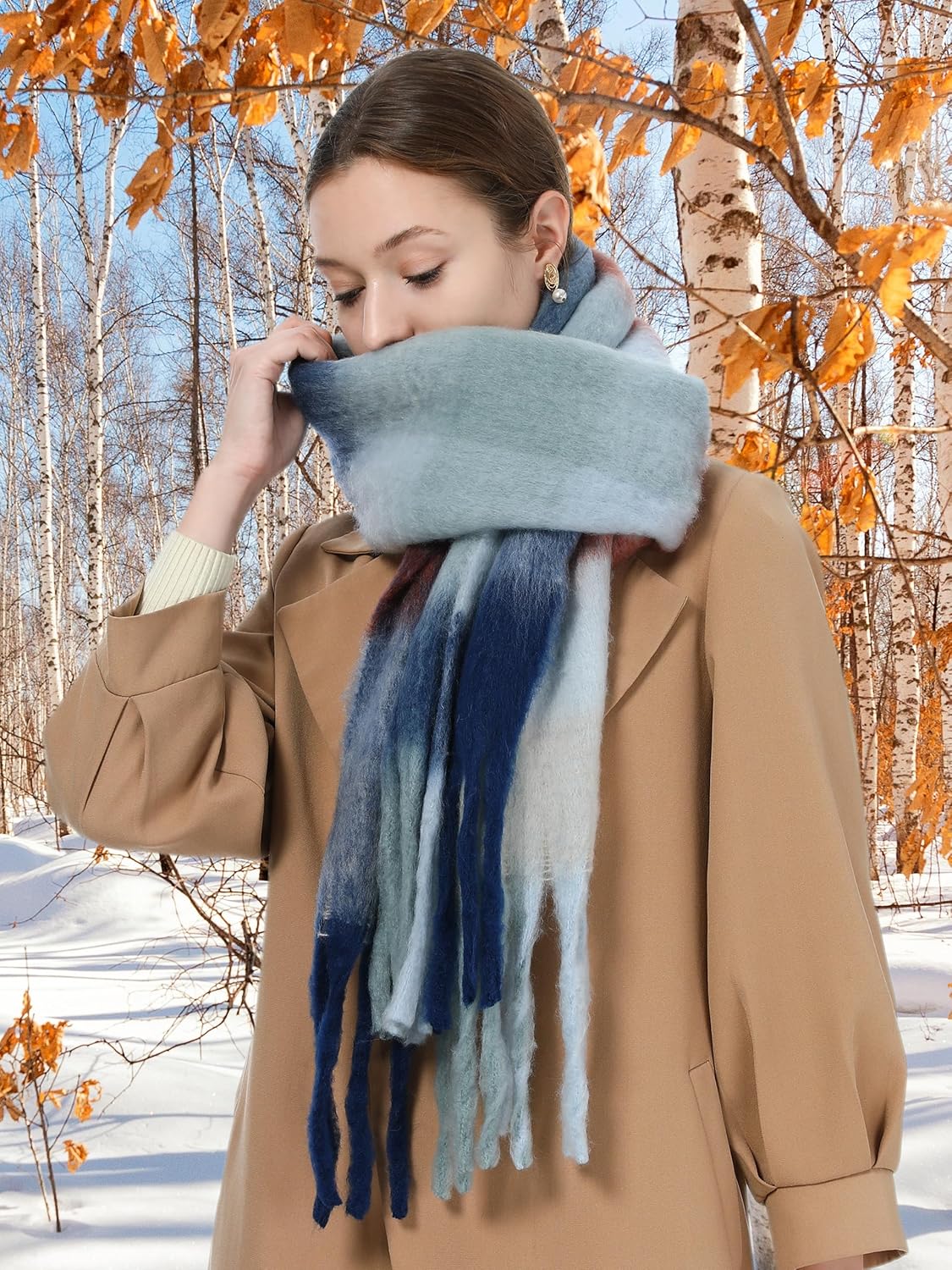 Oversized Blanket Scarf for Women Winter Fall Chunky Plaid Soft Cashmere Feel Thick Scarves with Fringed - Image 2