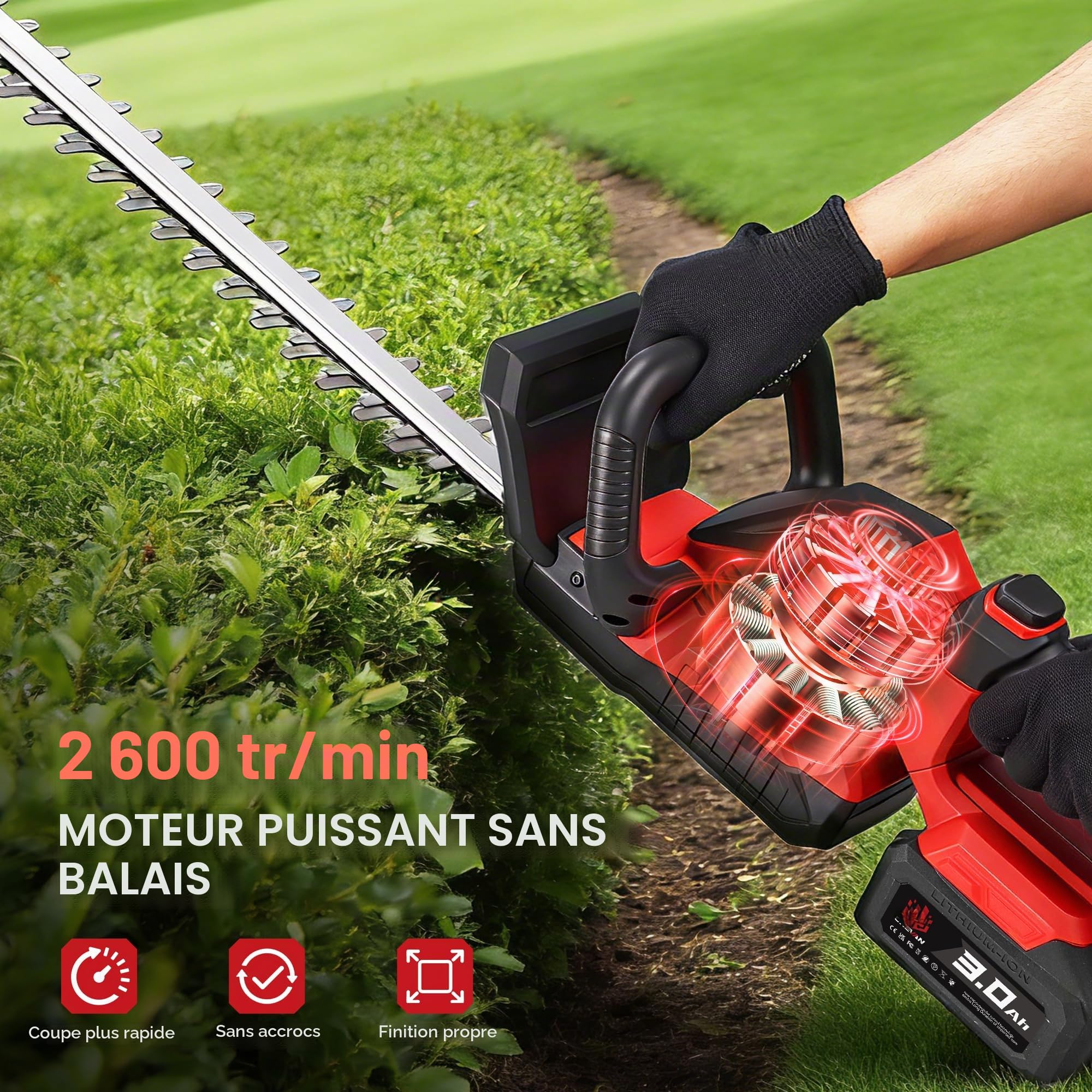ONEVAN Taille-haie électrique sans fil 180° 52cm Longueur avec 2 batteries