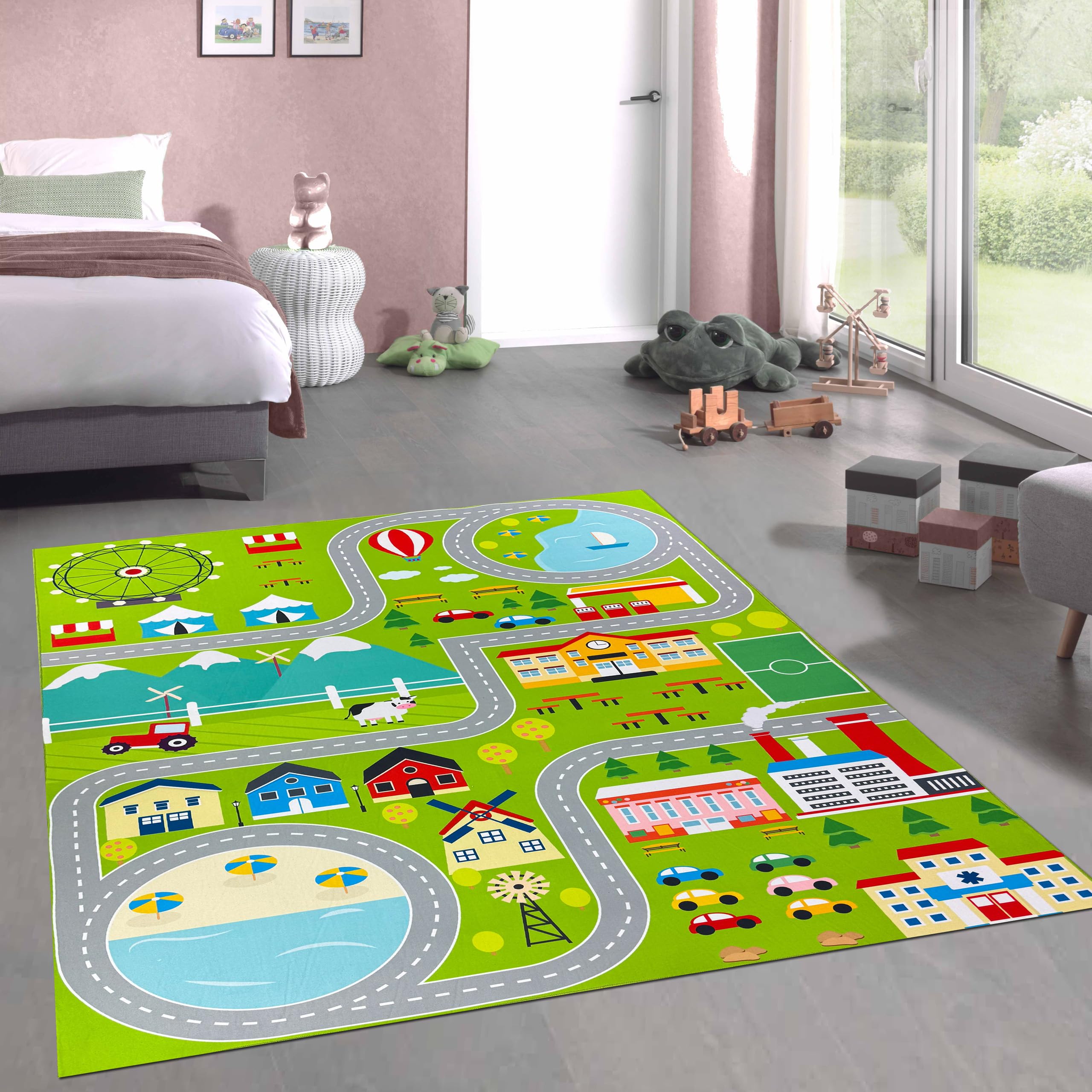 CARPETIA Kinderteppich Stadtplan Straßen Grün rutschfest 140x200 cm | Rutschfest, pflegeleicht, strapazierfähig, schadstofffrei und saugrobotergeeignet, OEKO-TEX geprüft, für Fußbodenheizung