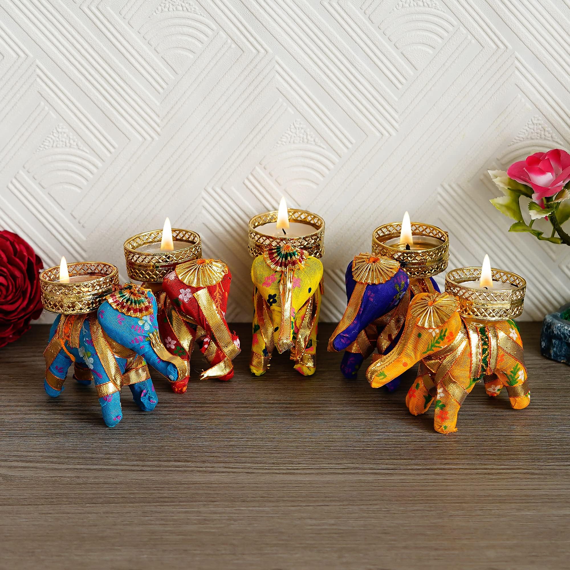 Divyakosh 6 Pcs Elephant Tealight Candle Holder, Handcrafted Recycled Material Tealight Candle Holder for Home Decoration Item, Diwali Decor (Multicolor)