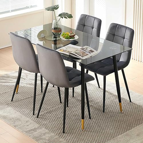 Miniatura 4 de Juego de 4 sillas de comedor de terciopelo, sillas de comedor grises con patas de metal, ideales para cocina, comedor, sillas de cocina para 4