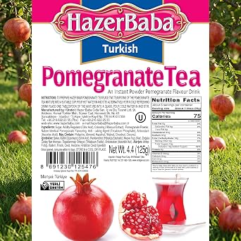 HazerBaba Turkish Pomegranate Tea Powder Instant Drink, 4.4oz (Pack of 1) | Water Flavoring Drink Mix Box, Cold Ice Tea, Hot Sweet Tea Beverages, Water Enhancer, Pomegranate Juice Box, Caffeine Free