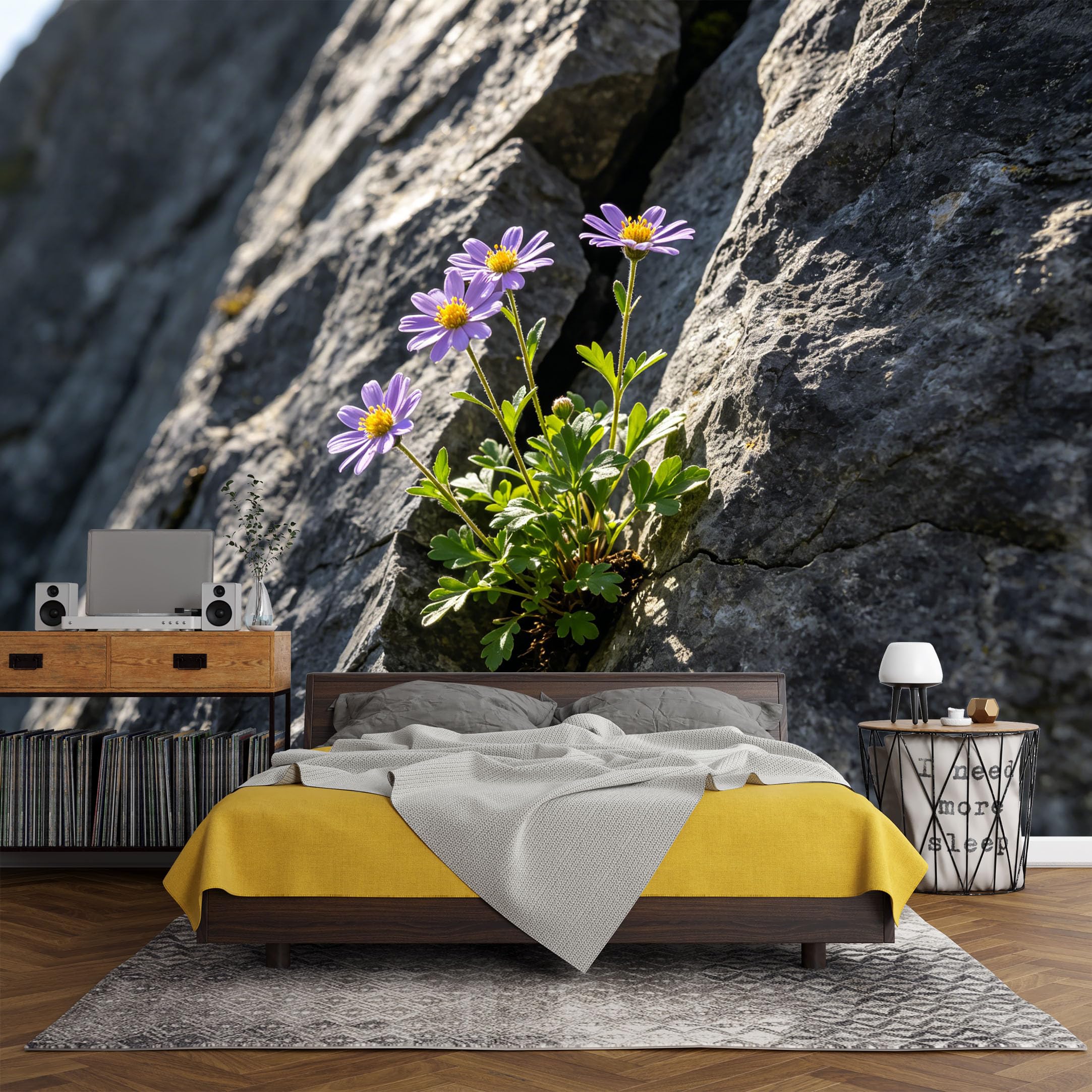 Custom Size Wall Mural， Botanical Purple Wildflower on Rocky Cliff Natural Landscape，SelfAdhesive Art Prints wall Fabric(No PVC) Removable Wallpaper Living Room Decor