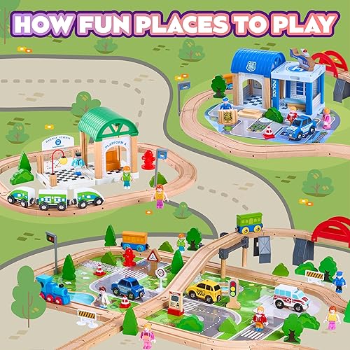 Miniatura 4 de Juego de tren de madera de 172 piezas para niños pequeños, pista de tren de madera, expandible y cambiable, juguetes educativos seguros, regalo para