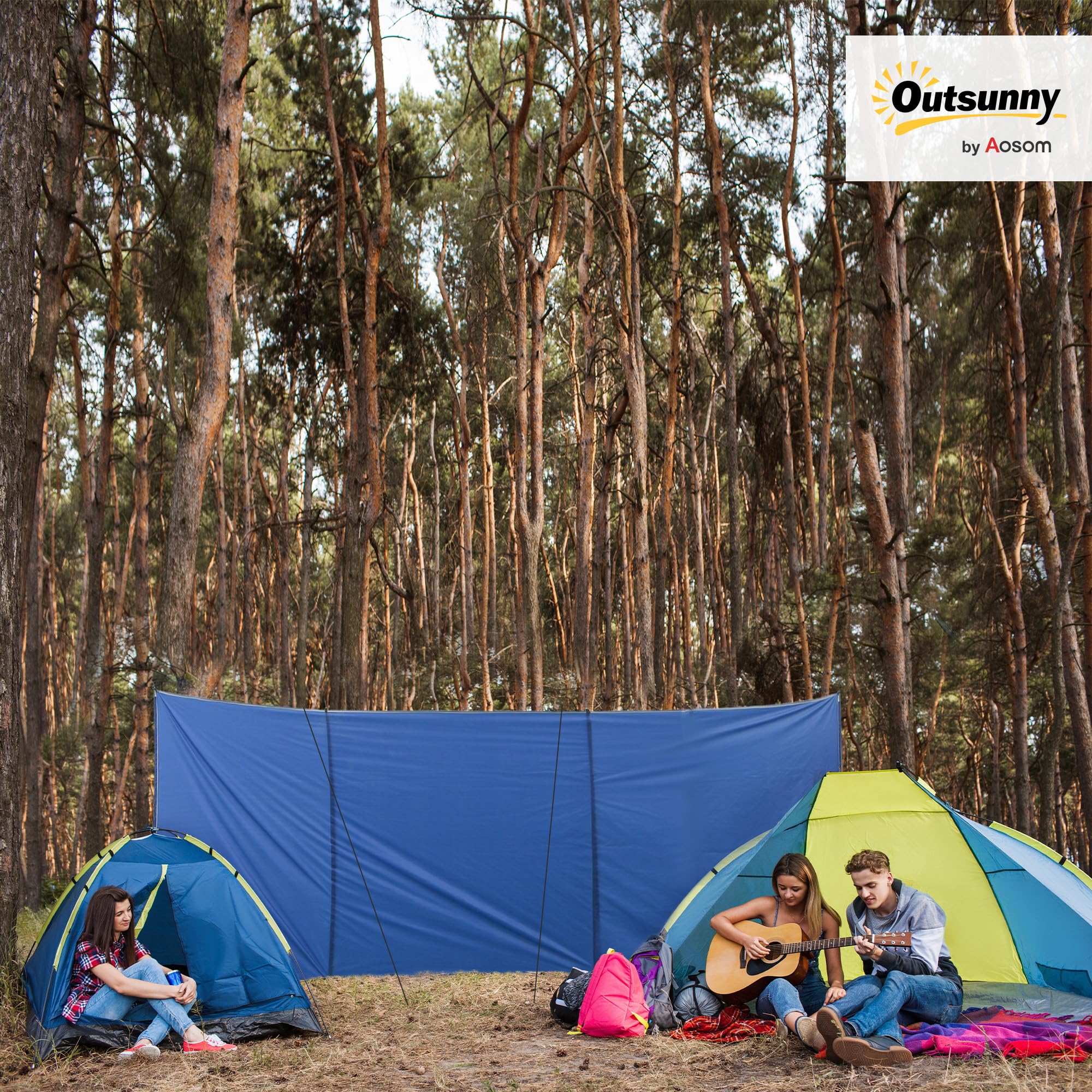 Outsunny Brise-Vent de Camping, paravent de Plage Portable Pliable avec Sac de Transport, Coupe-Vent de Camping avec poteaux en Acier et Sangles de Fixation, 450 x 150 cm, Bleu