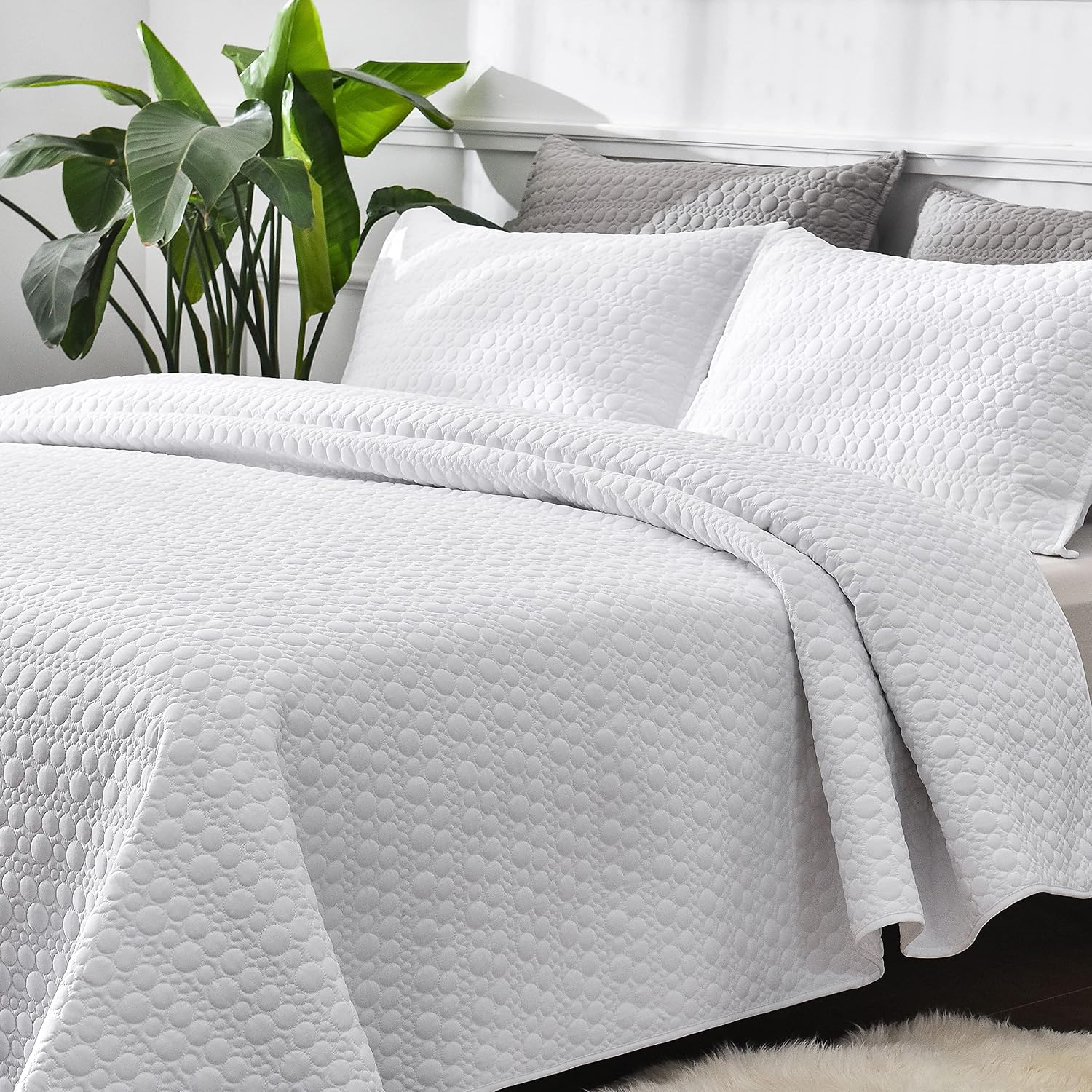 Litanika White Quilt Set Full/Queen Size - Dot Stitched Bedspreads & Coverlets - 3 Pieces Lightweight Quilted Bedding Set (1 Quilt, 2 Pillowcase)