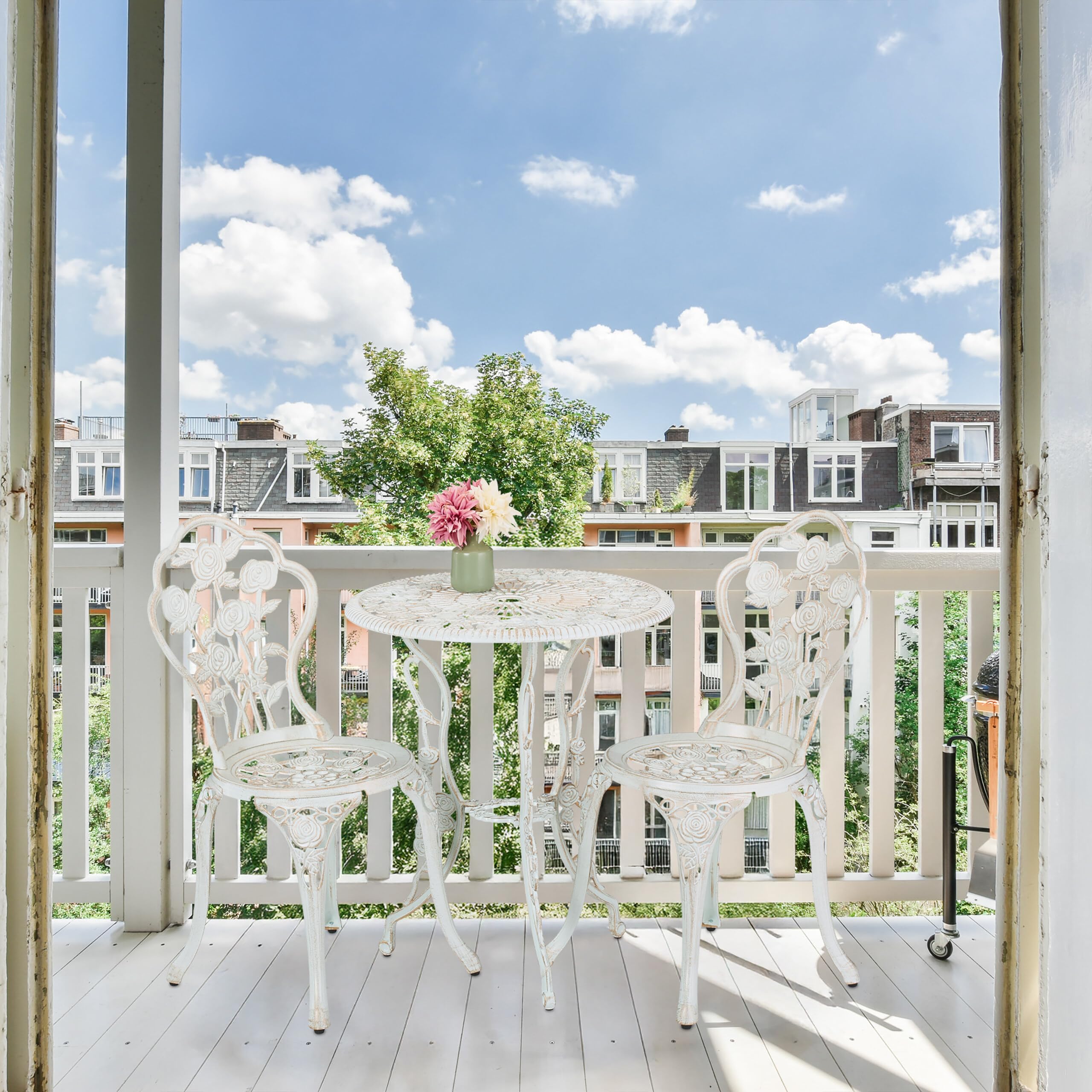 Relaxdays Set da Bistrot da 3, Tavolino da Giardino, 2 Sedie, Balcone, Stile Ferro Battuto, in Alluminio, Bianco Bronzo
