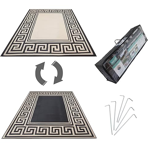 MATS LEISURE Reversible Rugs Mats, 9x18ft Outdoor Plastic Straw Rug Waterproof for RV, Patio, Garden, Balcony, Backyard, Deck, Picnic, Beach, Camping (New Grecian Complete Kit, Khaki)