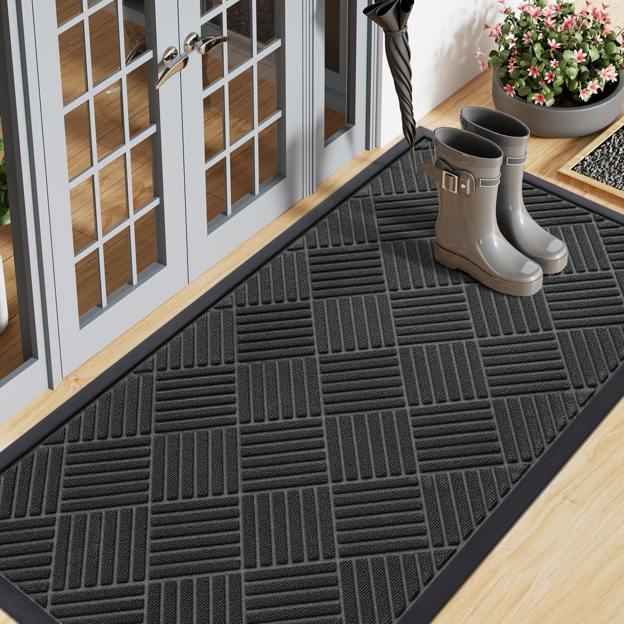 Smiry Front Door Mat Outside Entrance, Heavy Duty Outdoor Indoor Natural Rubber Doormat, Non Slip, Trap Dirt and Moisture, Easy Clean, Low Profile Patio Porch Entryway Mat, 47x23, Black