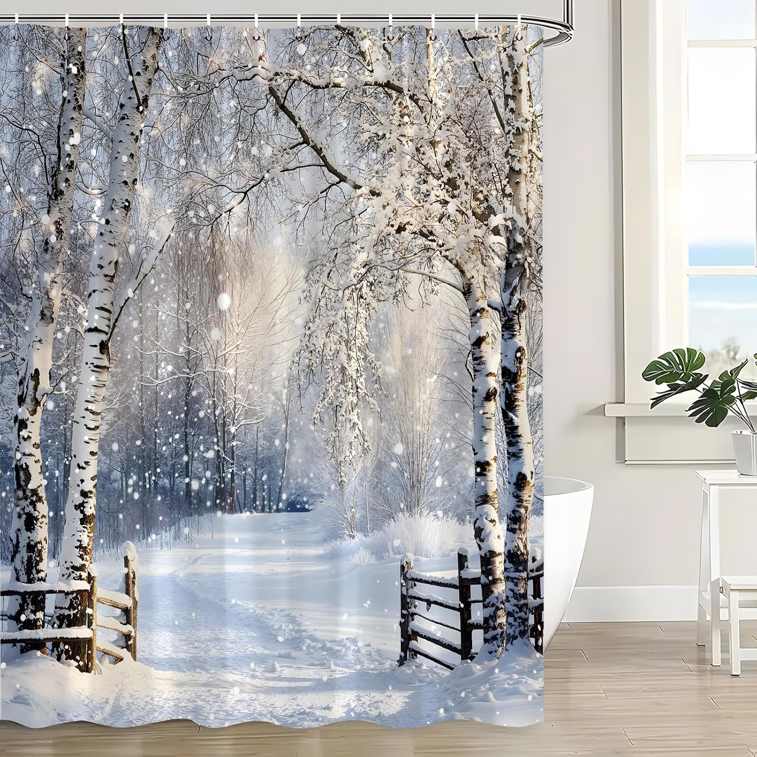 Winter Forest Shower Curtain Rustic Snowy Birch Tree Trunk Nature Scenery Sunshine Wild Christmas Holiday Snowflake Fabric Bathroom Curtain Set with Hook,70x74.8IN