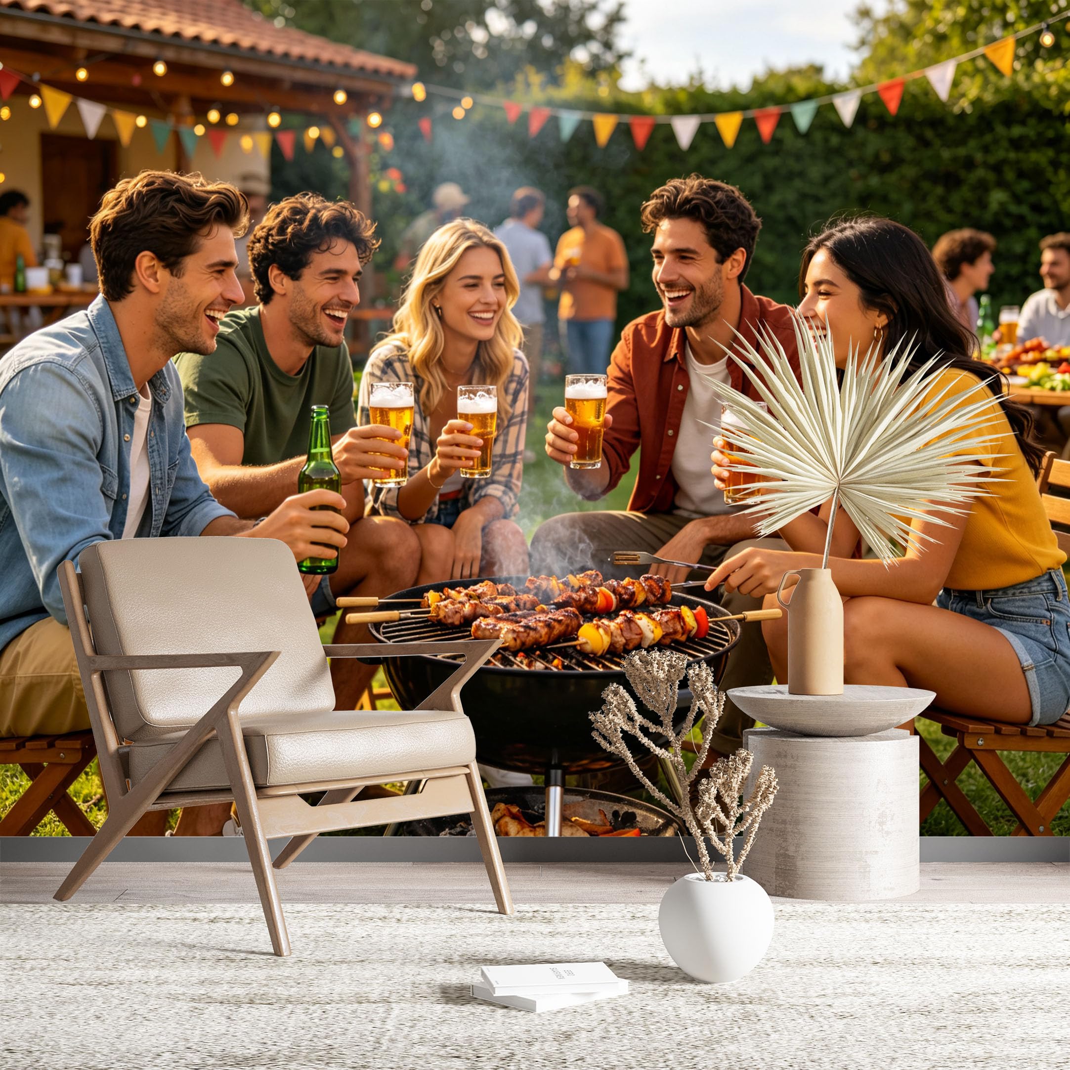 Custom Size Wall Murals Friends Backyard BBQ Party Wall Murals Lifestyle Wallpaper Wall Stickers Self-Adhesive Removable Wallpaper for Living Room Bedroom