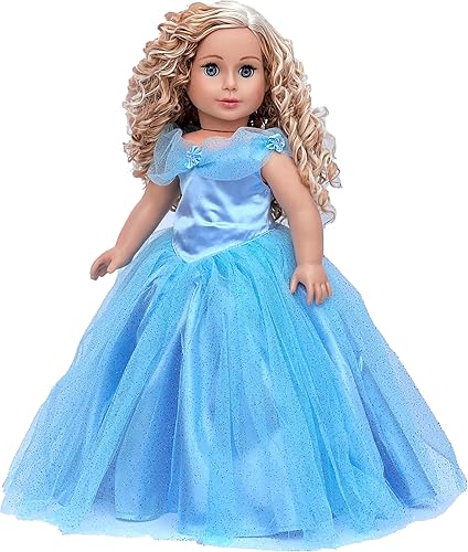 DreamWorld Collections - Cenicienta - Conjunto de 3 piezas - Vestido azul, enagua y pantuflas plateadas - Ropa para muñecas de 18 pulgadas (DOLL no