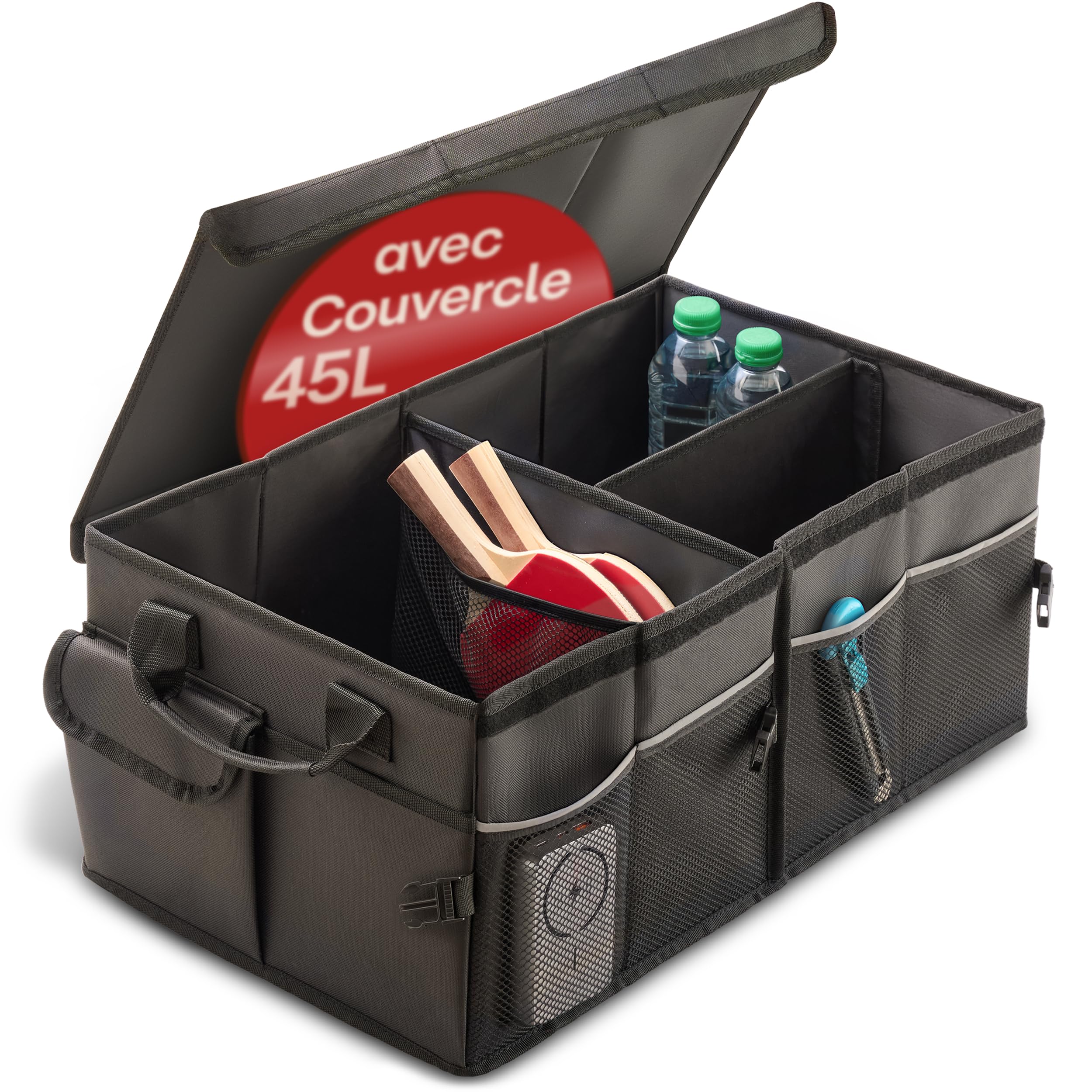 Praknu Organiseur de Coffre avec Couvercle Grand 45L – Pliable à 20L – 3 Compartiments avec 11 Poches – Déperlant & Antidérapant – Facile à Transporter – Idéal pour un Coffre plus Ordonné