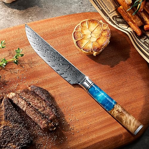 Miniatura 7 de SENKEN - Juego de cuchillos para carne de damasco, colección Tsunami, acero japonés VG10 de 67 capas, cuchillas afiladas sin dentar, resina azul y