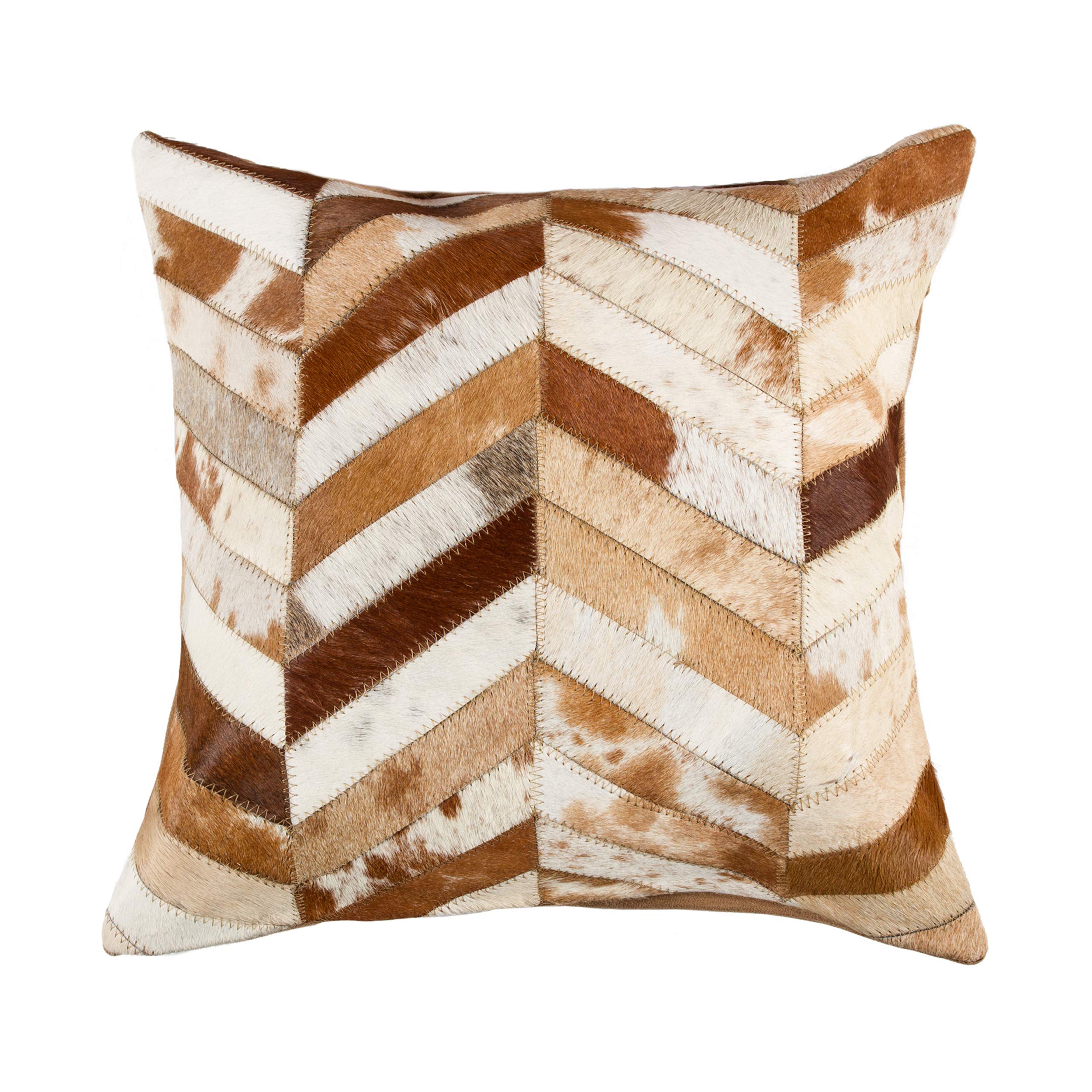 Natural Torino Cowhide Throw Pillows with Poly Insert | Chevron Accent Pillows Handcrafted from 100% Cow Hide, Brown & Natural, 18 in x 18 in