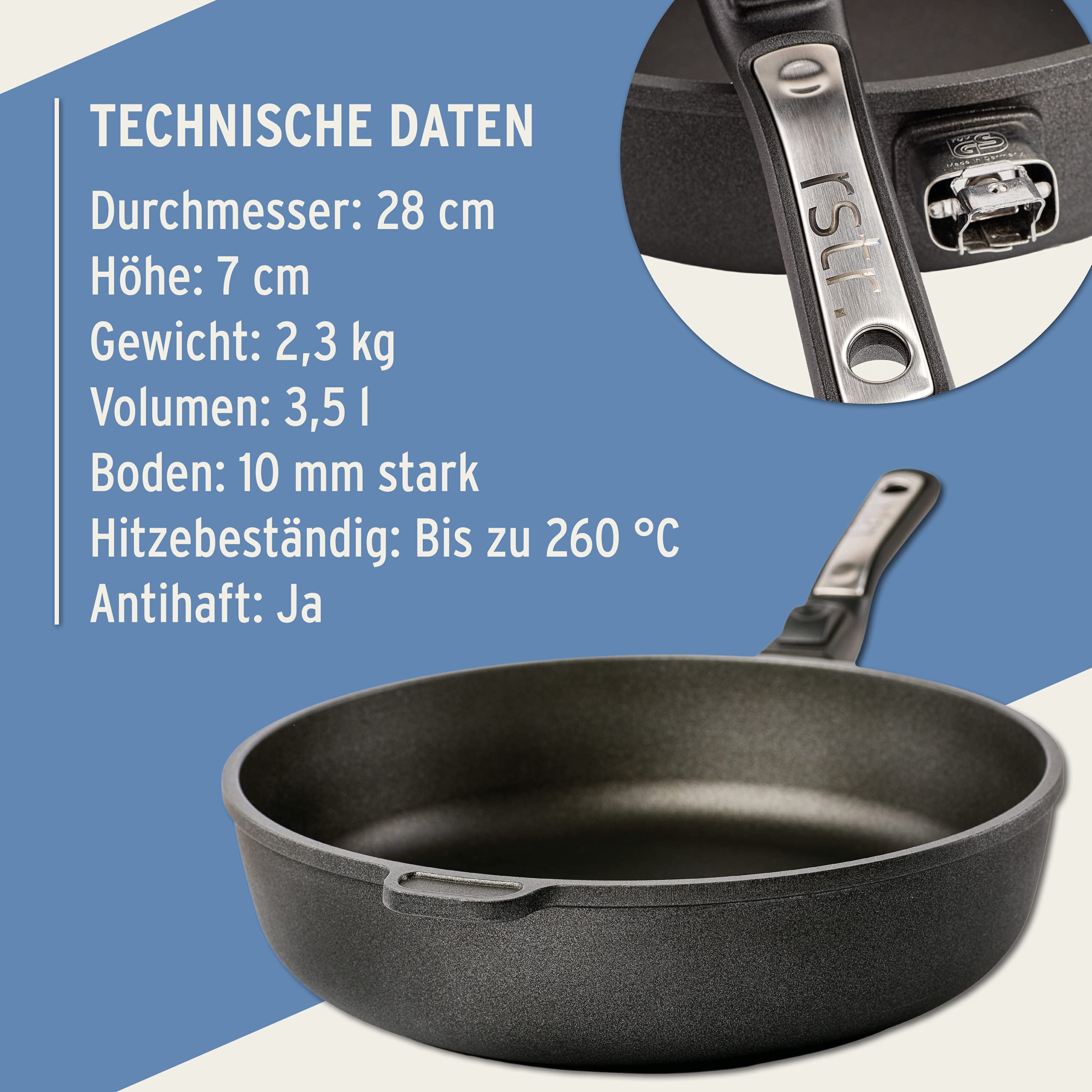 Bratpfanne Aluguss Ø 28cm I 7cm Hochrand I Induktion EpicSkillet Luxe I Handmade in Germany I Hochrand I Antihaftbeschichtet I Griff abnehmbar
