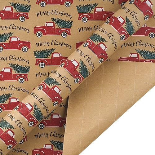 Miniatura 6 de RUSPEPA Papel de regalo de Navidad, papel kraft  copos de nieve, automóvil y árbol de Navidad, rayas y Feliz Navidad  4 rollos  30 pulgadas x 10