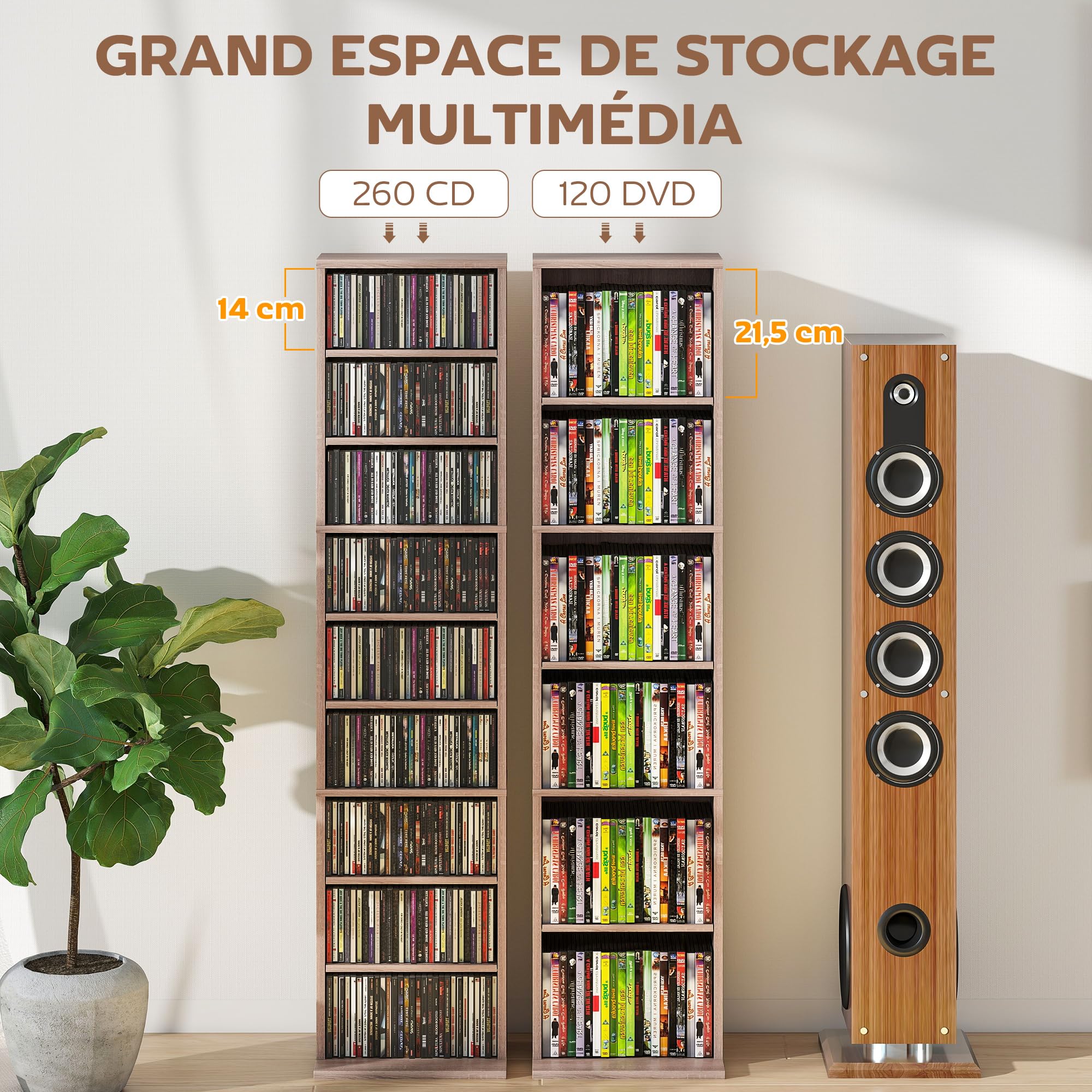 HOMCOM Rangements pour CD et DVD, meuble de rangement multimédia, capacité max. 260 CD/120 DVD, 9 compartiments et 6 étagères réglables, pour salon, chambre, bureau, 33 x 24 x 140 cm, bois naturel