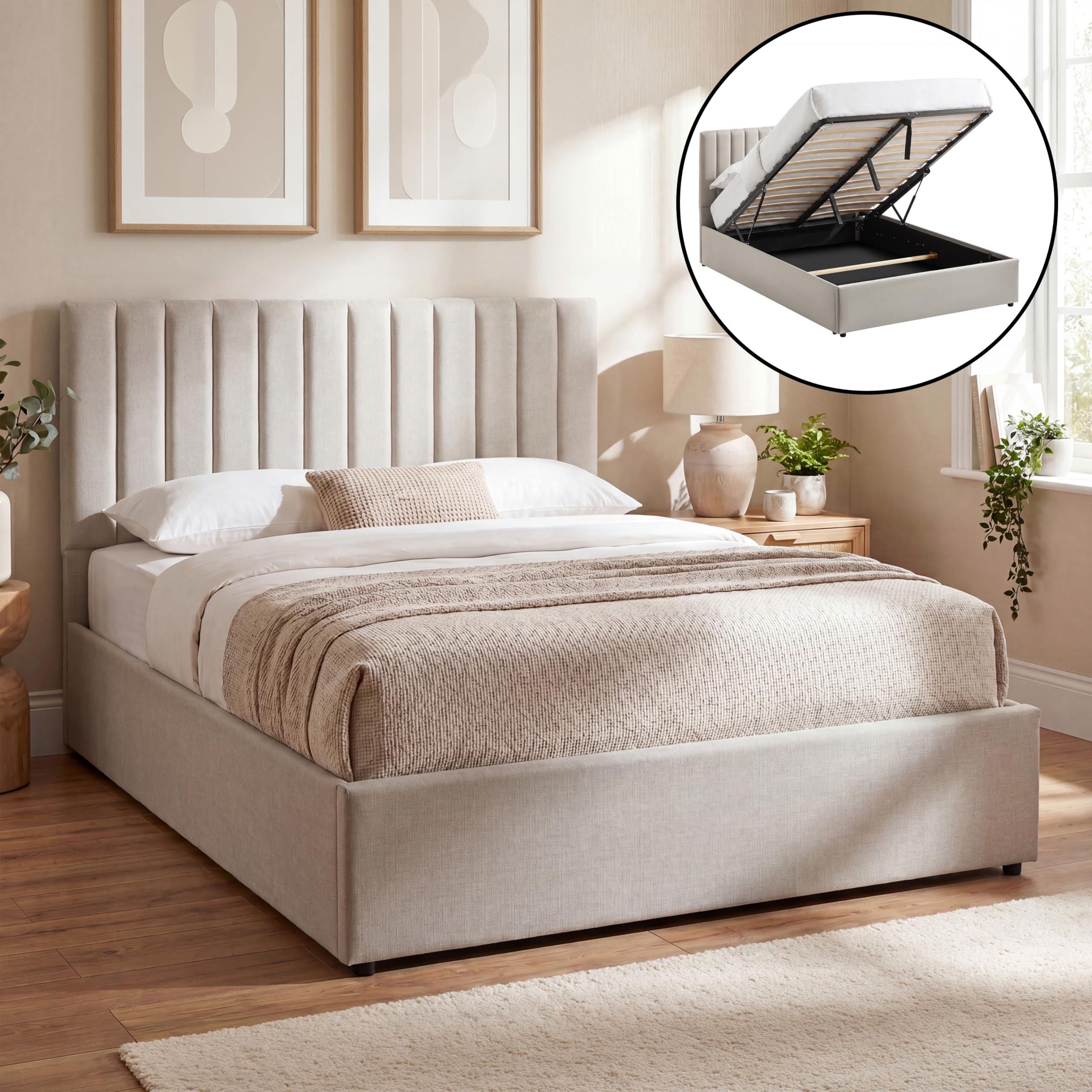 Vida Designs Vellaro King Ottoman Fabric Bed Frame | Beige Linen | 103H x 160W x 210.5D cm (5ft) | Hydraulic Gas-Lift | Lift Up Storage | Slatted Base | Minimalist Furniture