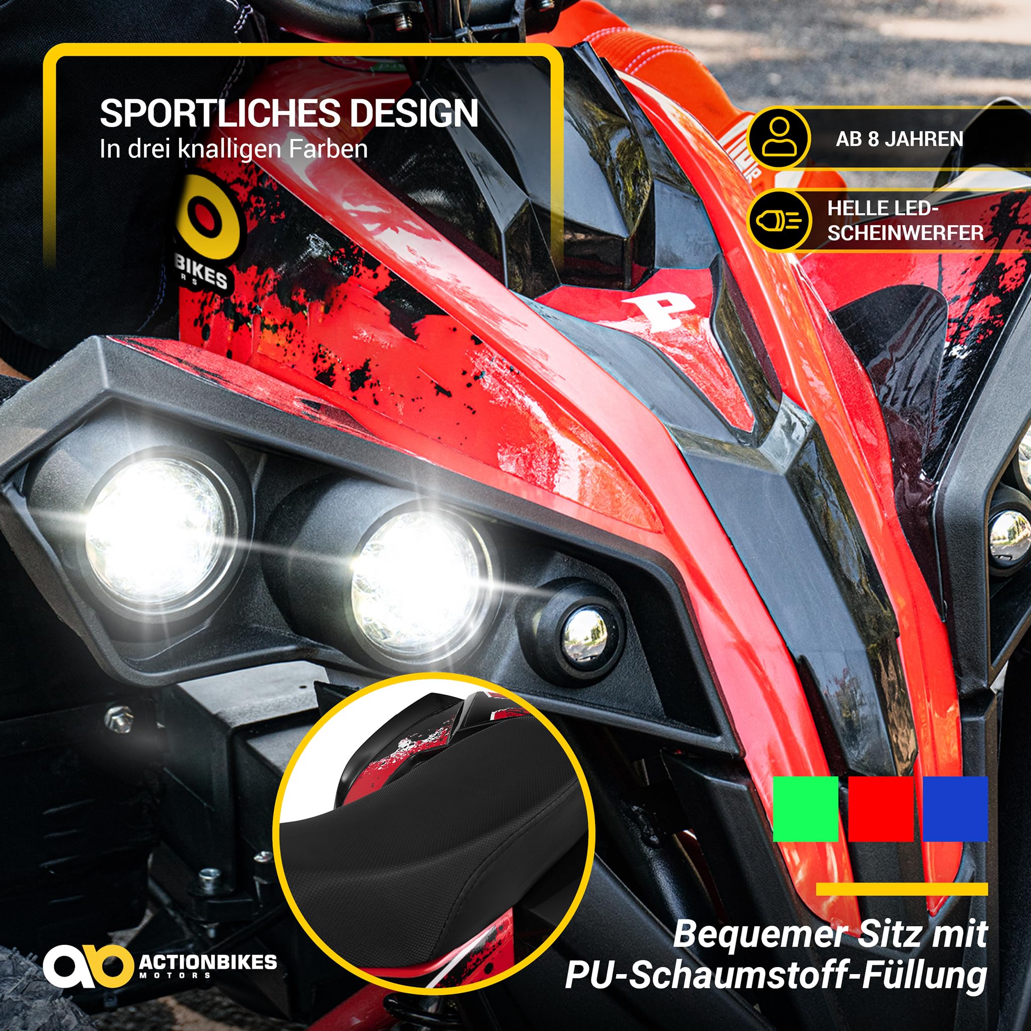 Actionbikes Motors Kinder Quad Elektro ATV Reneblade | 𝟒𝟖 Volt 𝟭𝟬𝟬𝟬 Watt Motor bis 𝟐𝟒 km/h - Kinderquad - Pocket Quad - Miniquad - Safety Fußschalter - Für Kinder ab 8 Jahren (Schwarz/Rot)