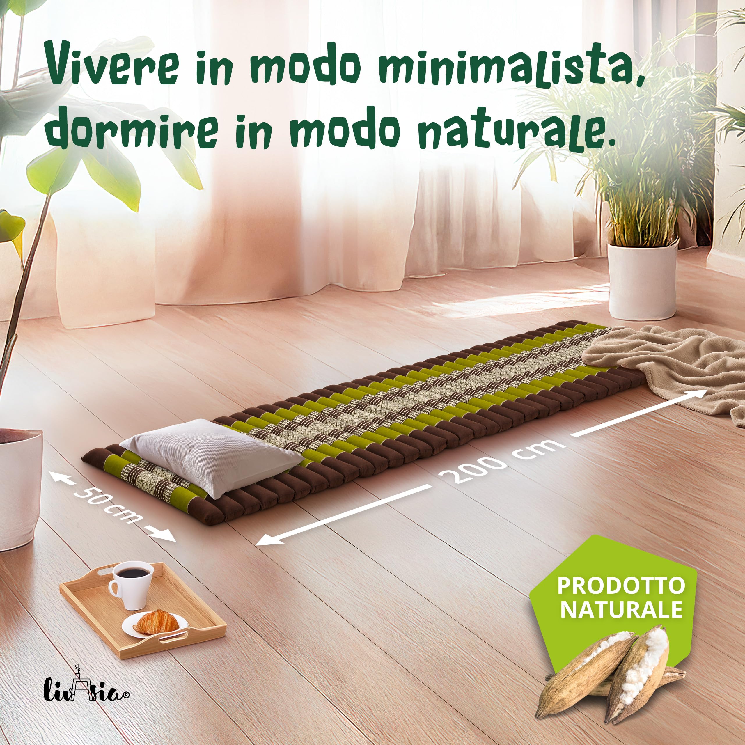 livasia Materasso pieghevole sostenibile in kapok - 200x110x8cm - materasso largo per gli ospiti, materasso pieghevole, tappetino yoga, letto per gli ospiti, lettino giardino balcone (Verde/Elefanti