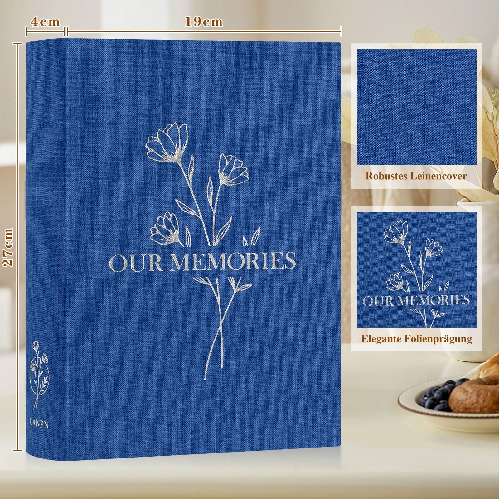 Lanpn Photo Album for DIY Gluing Small OUR MEMORIES Linen Photo Book 100 White Pages with Parchment Dividers Holds 9 x 13 10 x 15 13 x 18 cm Photos (19 x 27 cm - Image 2