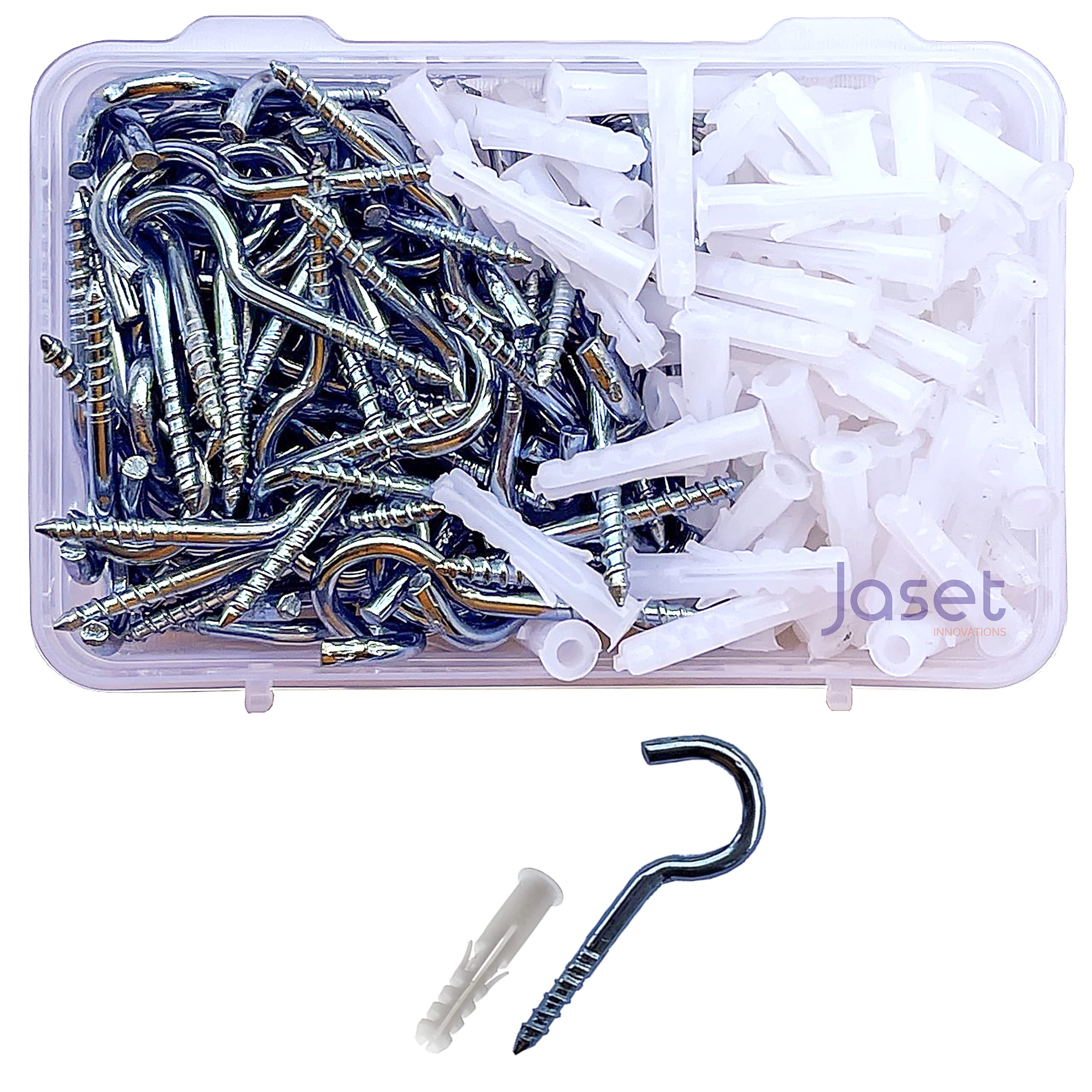 Jaset Innovations Screw in Hooks with Wall Rawl Plugs – Carbon Steel Zinc Plated – for Indoor and Outdoor Use – 40 mm (75+75=150 pcs)