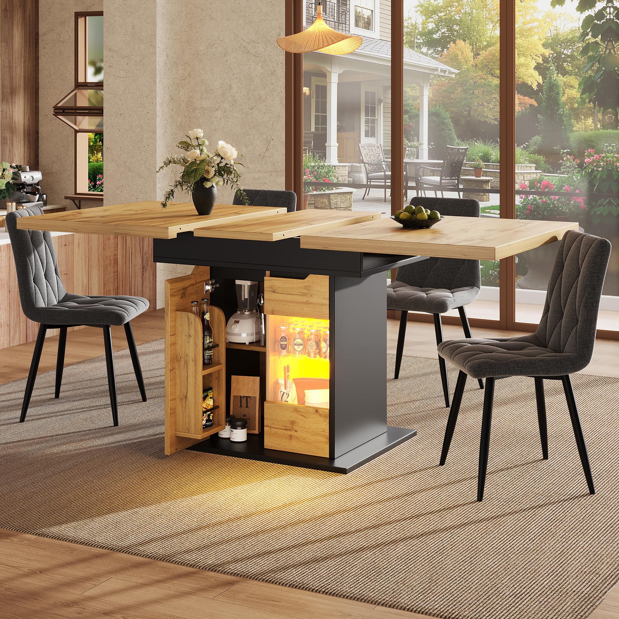 FammyLoft Extendable Dining Table 110–140cm, Wooden Kitchen Table for 4–6 People, Space Saving Dining Table with LED Lighting, Snack Shelf & Storage Cabinet, Telescopic Table for Kitchen, Black