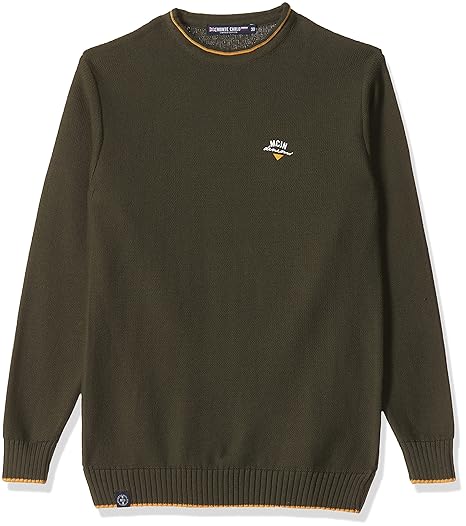 Boys 100% Cotton Olive Solid Round Neck Pullover