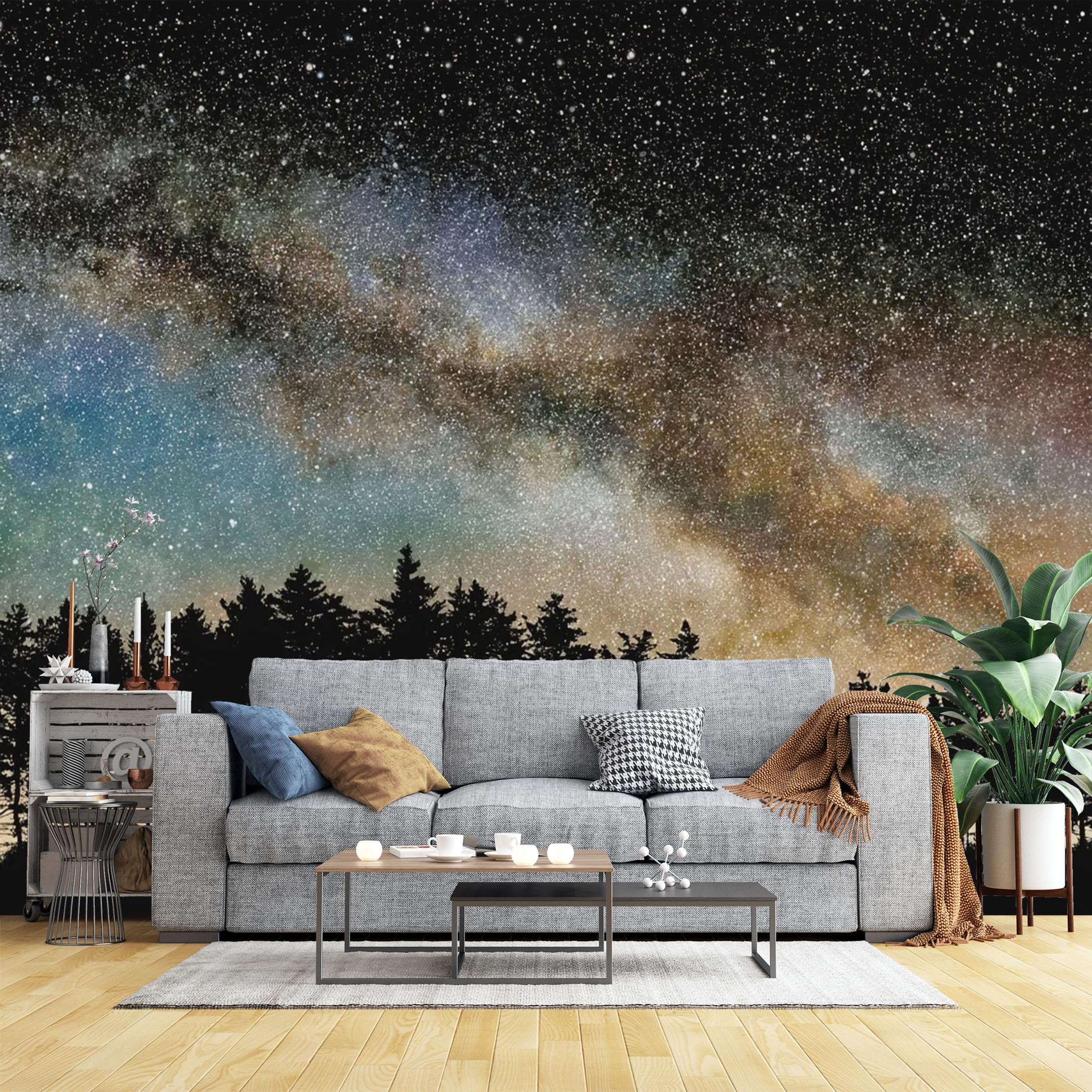Custom Size Wall Murals Starry Night Sky Over Pine Trees Wall Murals Night Landscape Wallpaper, Wall Covering Fabric Self-Adhesive Removable Wallpaper for Living Room