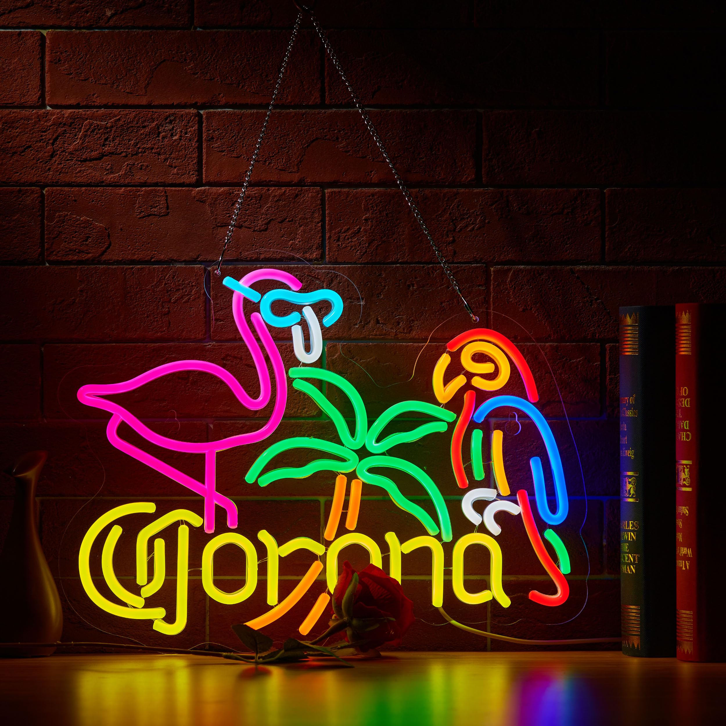 Duoweoy Flamingo and Parrot Coro Neon Sign for Wall Décor Dimmable Beer Bar LED Man Cave Neon Light USB Powered Neon Art Signs Decor Gifts