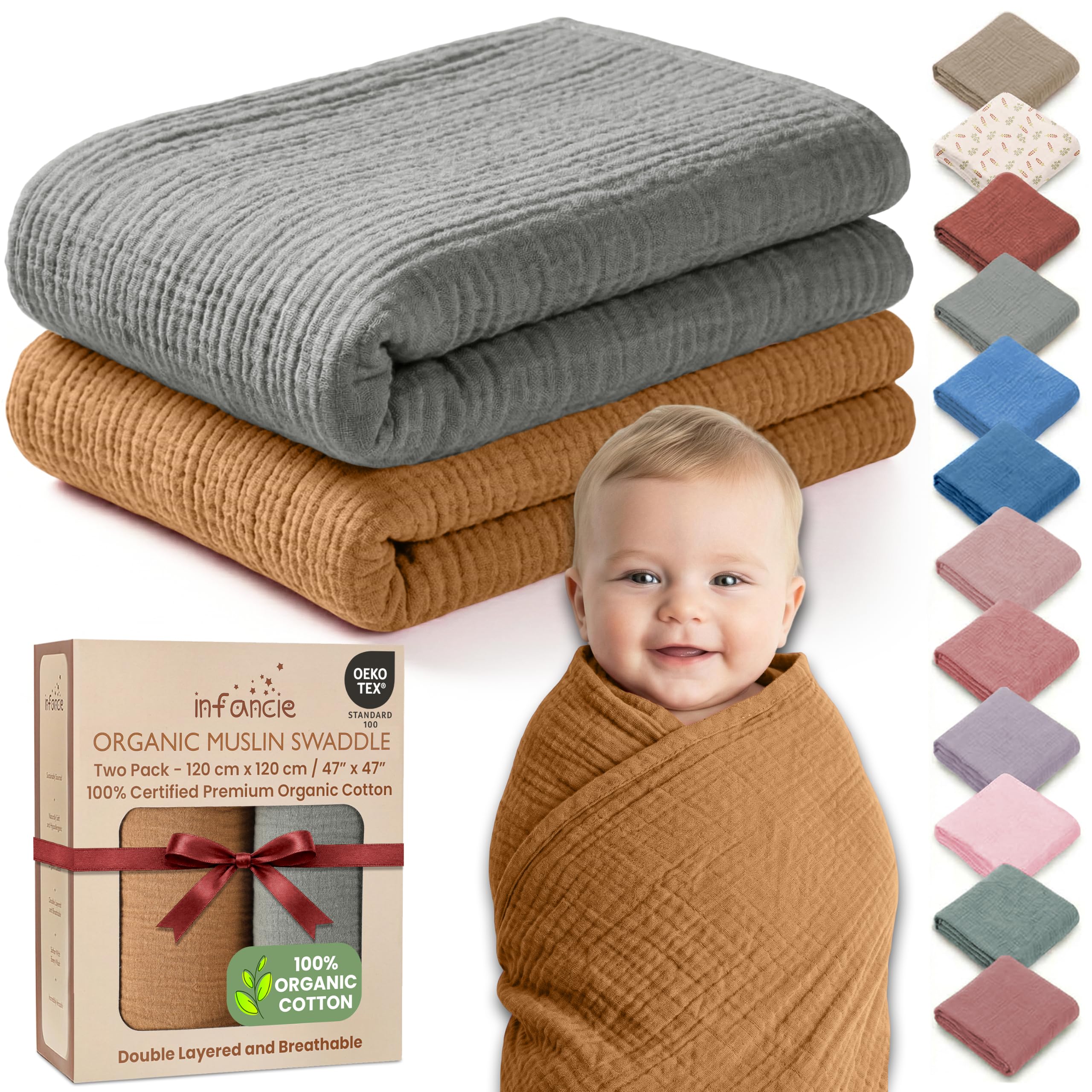 Infancie organic cotton muslin blankets in gold and sage green