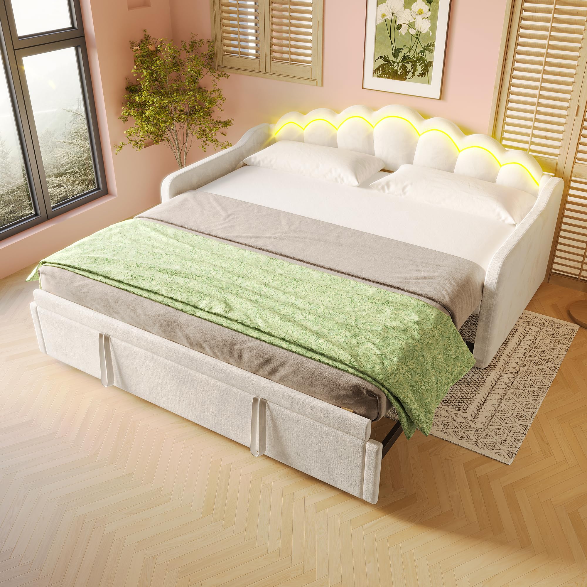 Soweiz - Divano letto con letto estraibile, letto singolo (senza materasso), letto matrimoniale, in velluto, con striscia LED che cambia colore, 90x200 cm (180x200 cm) (Beige)