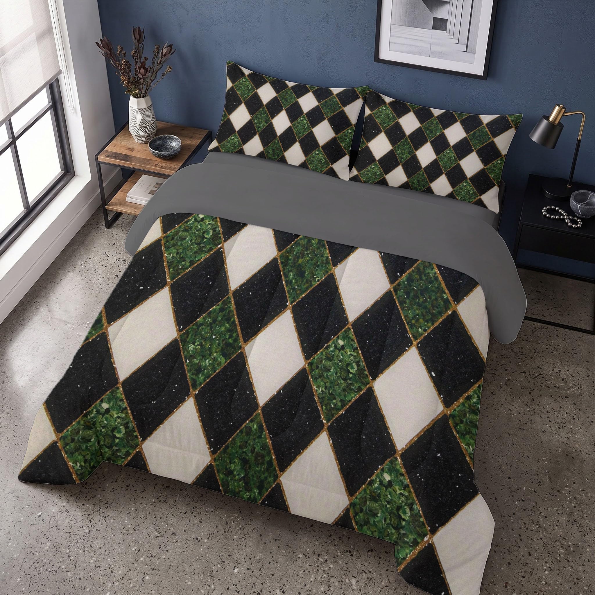 Couette Motif en Losange 2pc Fille Tempérée pour lit 1 Personne-100% Microfibre -Enfant 4 Saisons et 220x240cm + 1 Taie d'oreiller 65x65 cm -Luxe rétro géométrique Lumineux