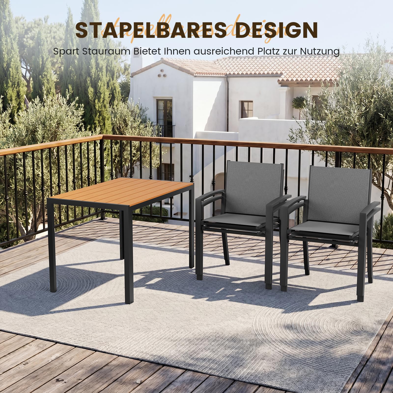 UDPATIO Wetterfest Gartenmöbel Set 5-TLG, Aluminium WPC Gartentisch + 4er Gartenstühle Stapelbar mit Armlehnen, Terrassenmöbel Balkonmöbel für Garten,Terrasse,Veranden, Teakbraun + Grau