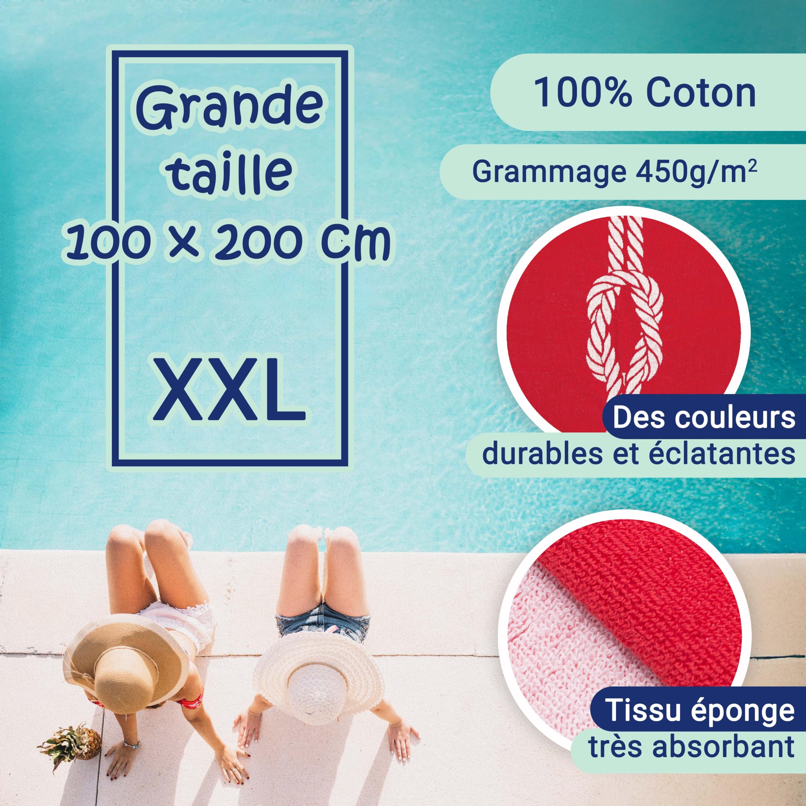 ZOLLNER Drap de Plage, 100x200 cm, Serviette de Plage, Coton, Rouge-Blanc