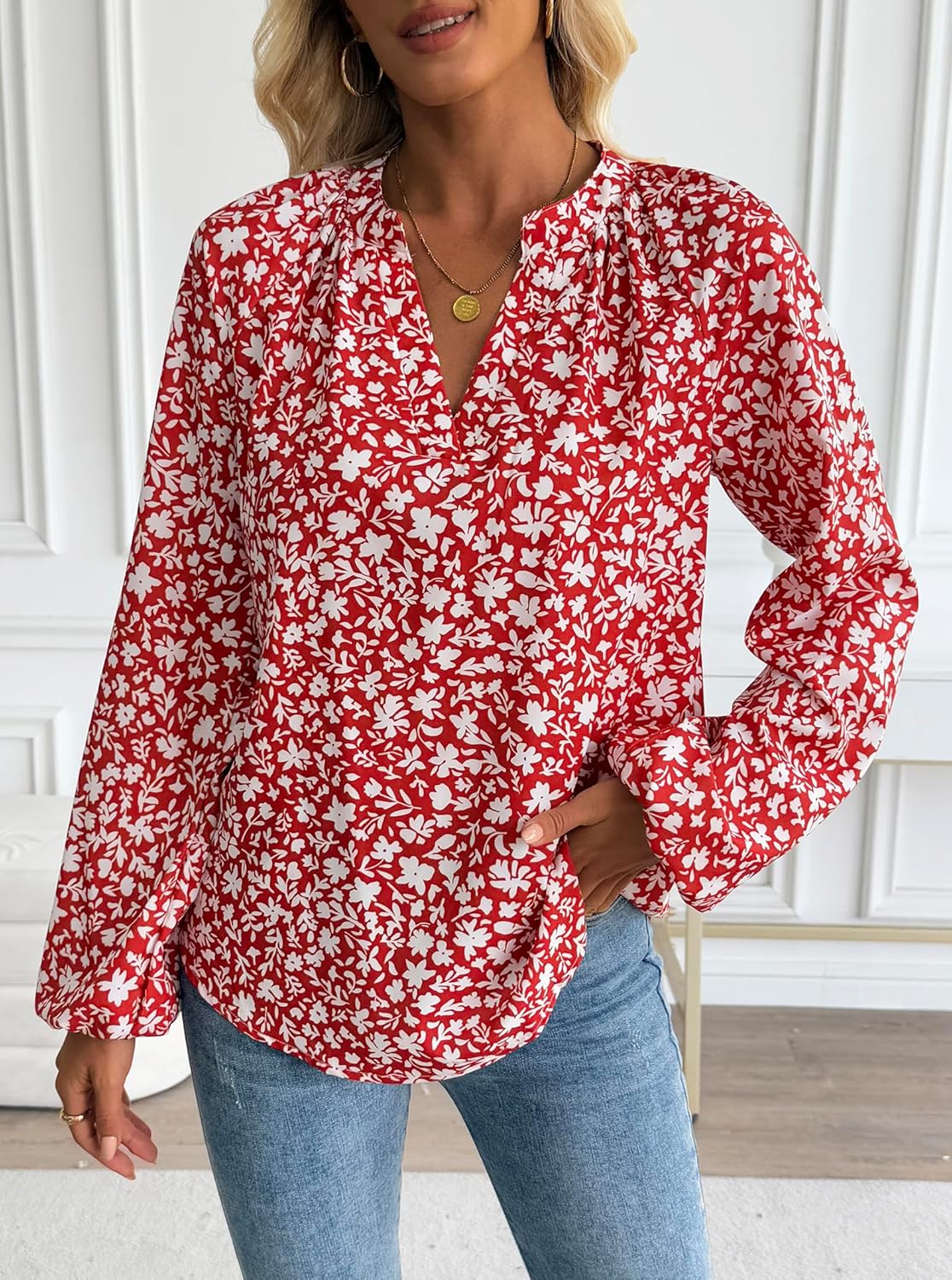 Avanova Women Boho Floral Blouses V Neck Top Lantern Long Sleeve Shirt - Image 2