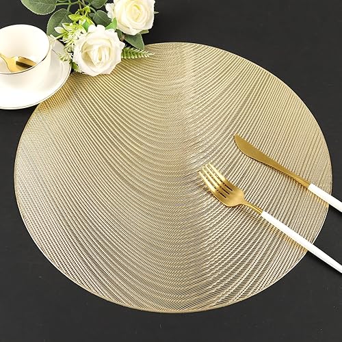 Juego de 6 manteles individuales dorados de vinilo prensado de línea redonda de 15 pulgadas, lavables para comedor, boda, centro de mesa, decoración