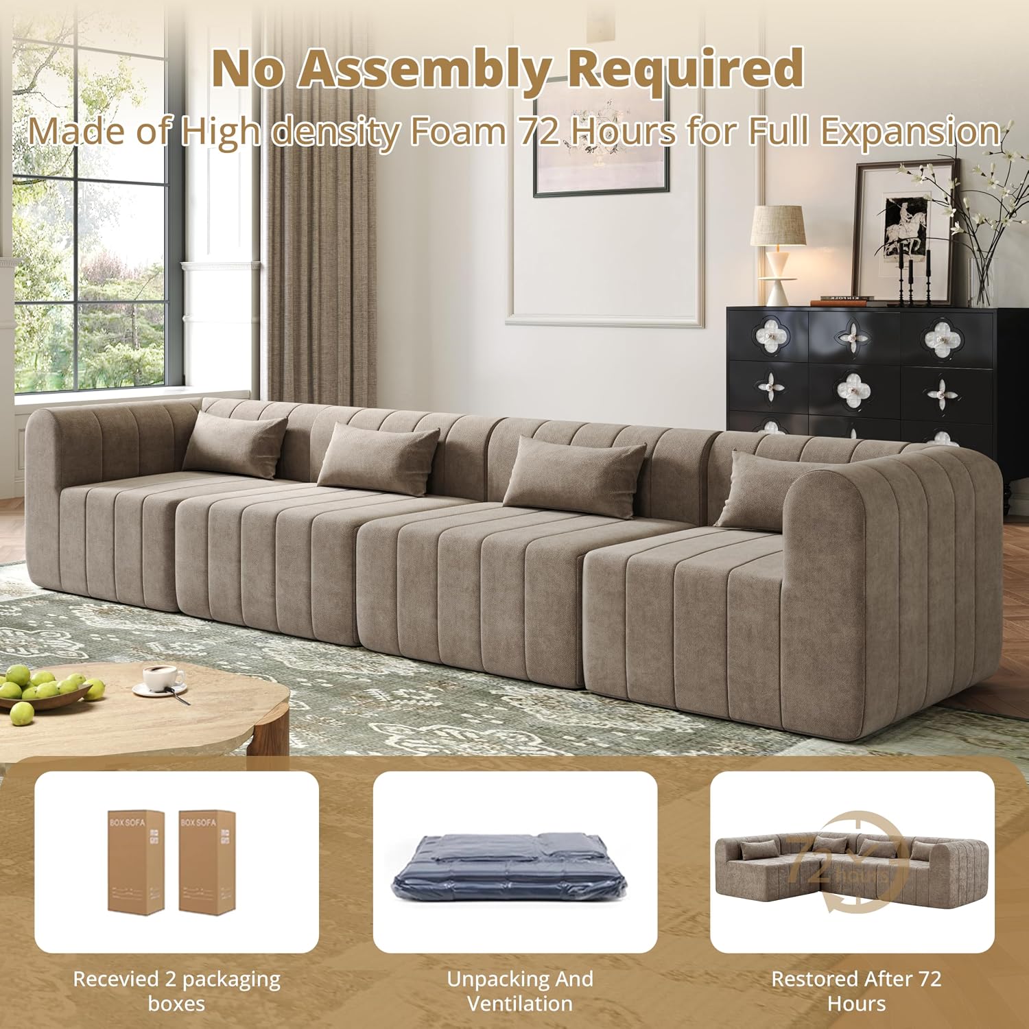 Christopher Knight Home Flarin 145.5" Convertible Sectional Sofa Couch, L-Shape Home Sofa Living Room, 4 Seat Sectional Sleeper Sofa, Fabric Upholstered Comfy Cloud Couch, No Assembly, Light Brown