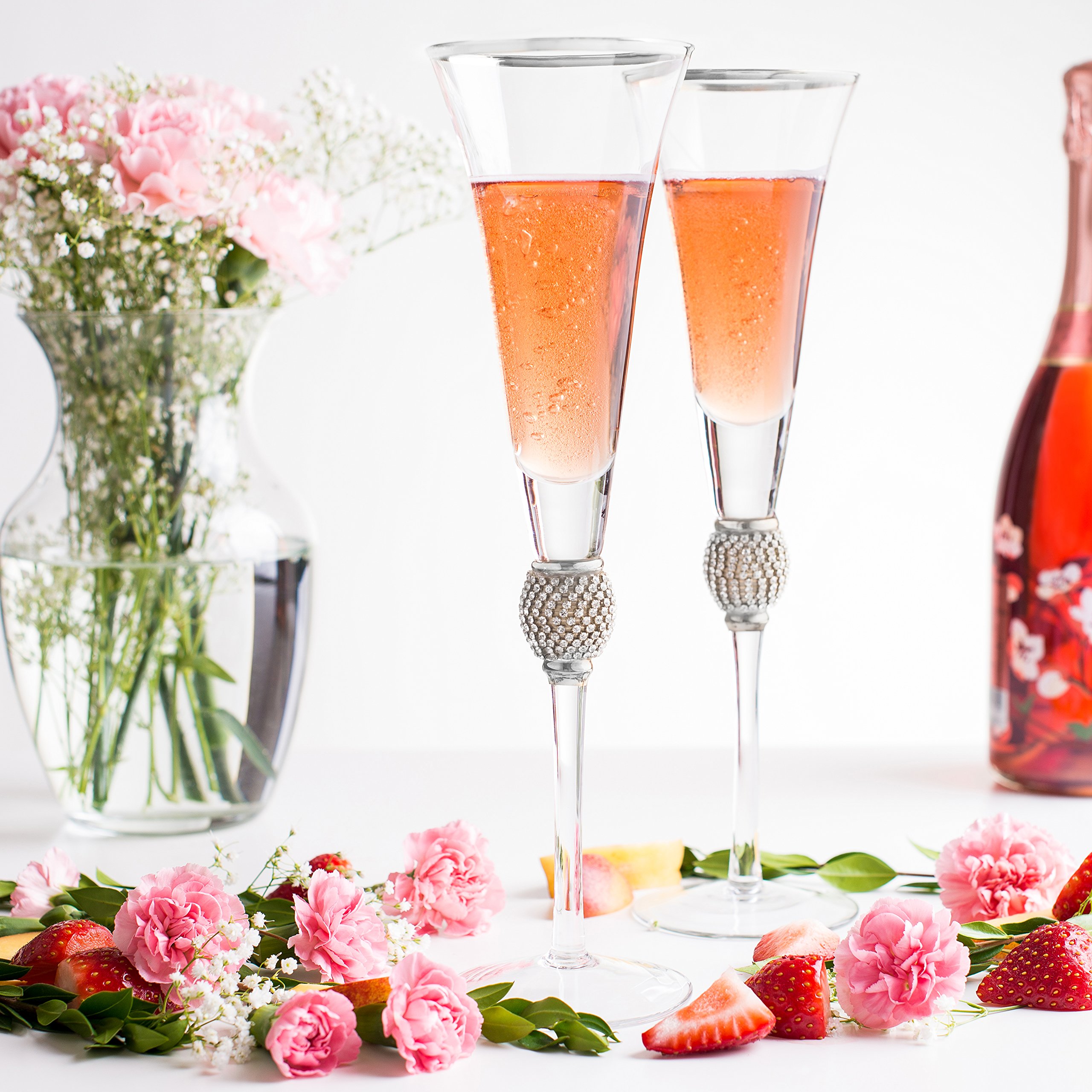 Trinkware Set of 2 Champagne Flutes - Rhinestone "DIAMOND" Studded Glasses With Silver Rim - Long Stem, 7oz, 11-inches Tall – Elegant Glassware And Stemware