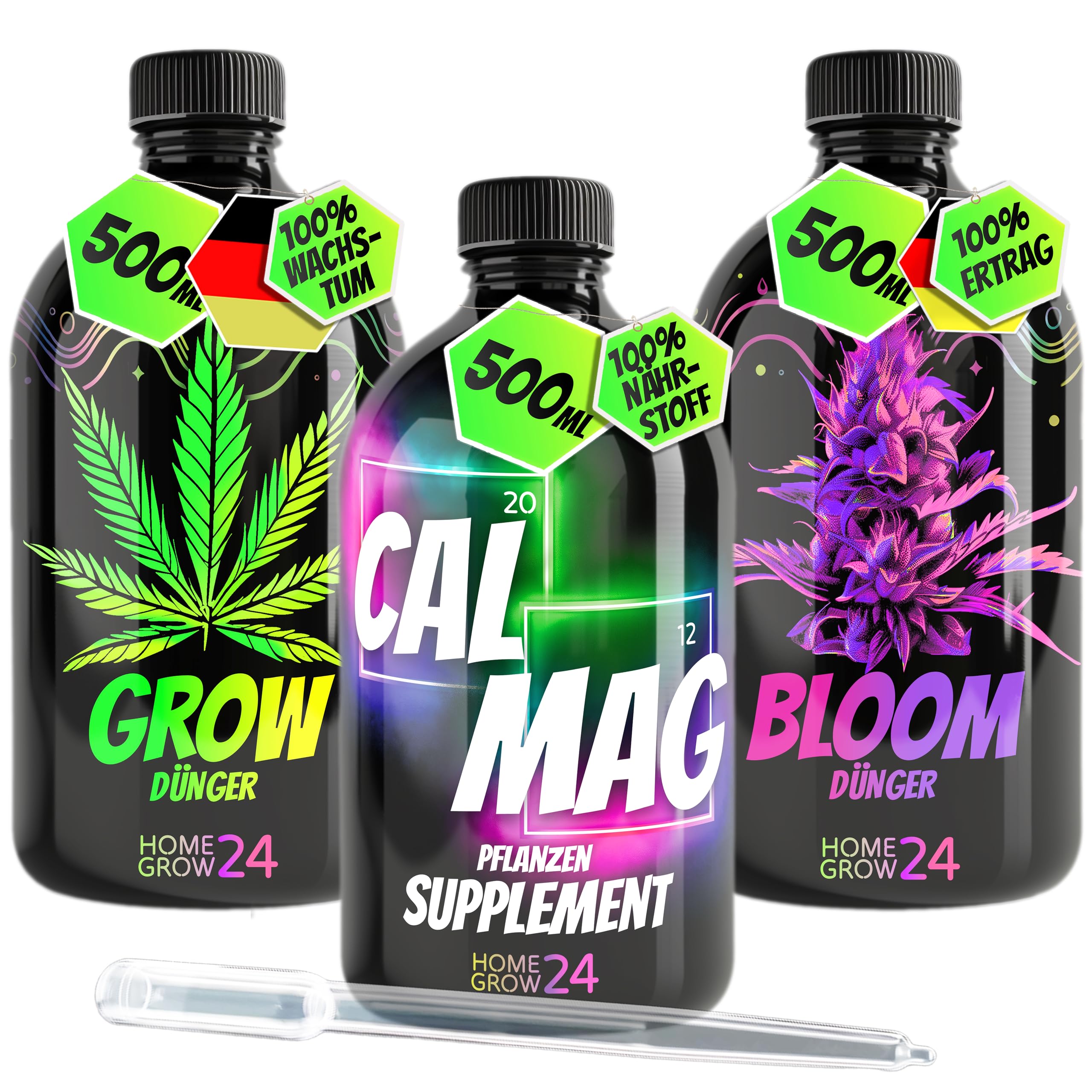 HOMEGROW24 Set di fertilizzanti per Cannabis Trio, per la Cura Completa delle Piante di Cannabis, Set da 3 da 500 ml ciascuno, per Un Raccolto Abbondante e Piante Sane