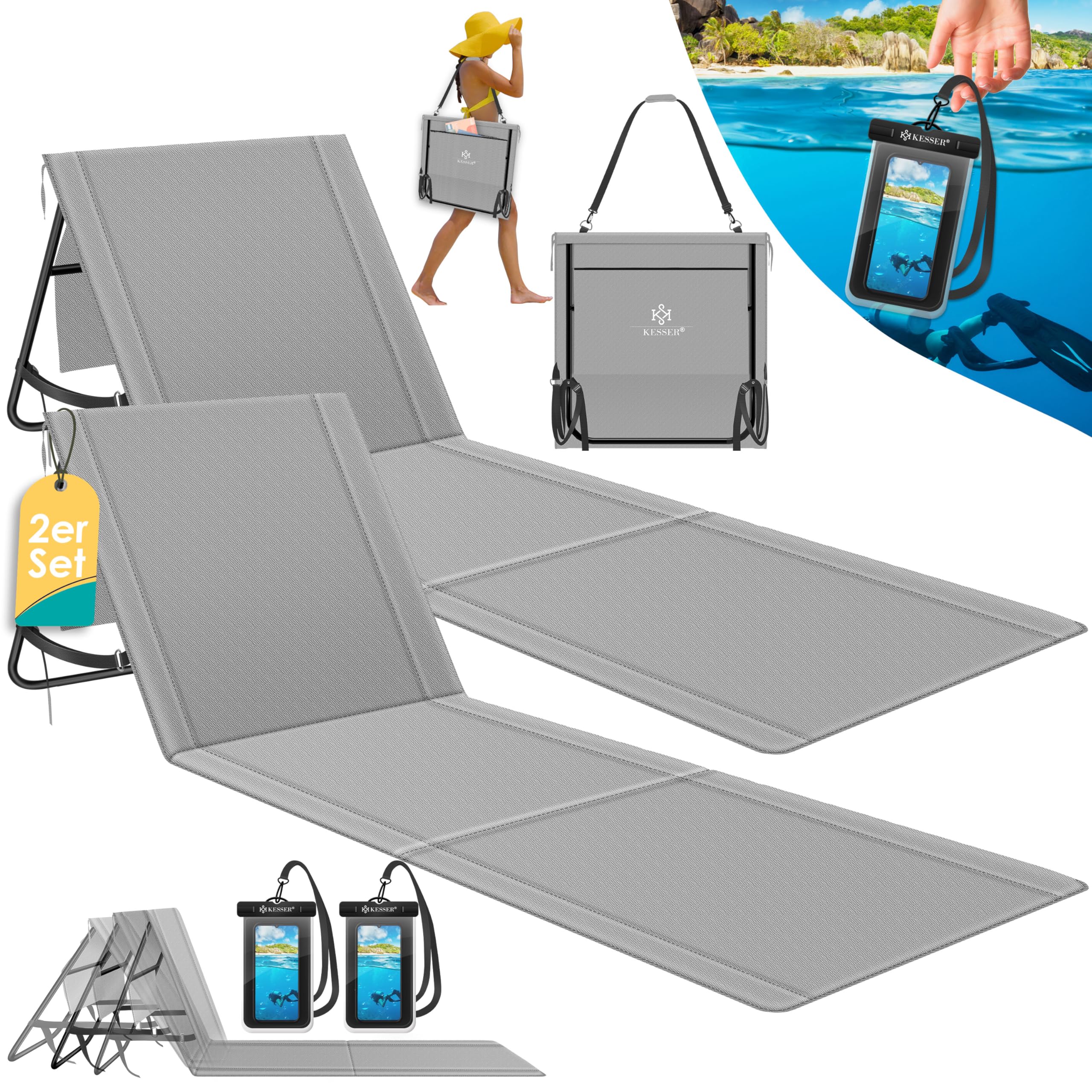 KESSER® 2er Set Strandmatte klappbar mit Verstellbarer Rückenlehne, Tragegurt, wasserdichter Tasche & Aufbewahrung – Faltbare Sonnenliege für Strand, Garten & Terrasse je 130 kg belastbar