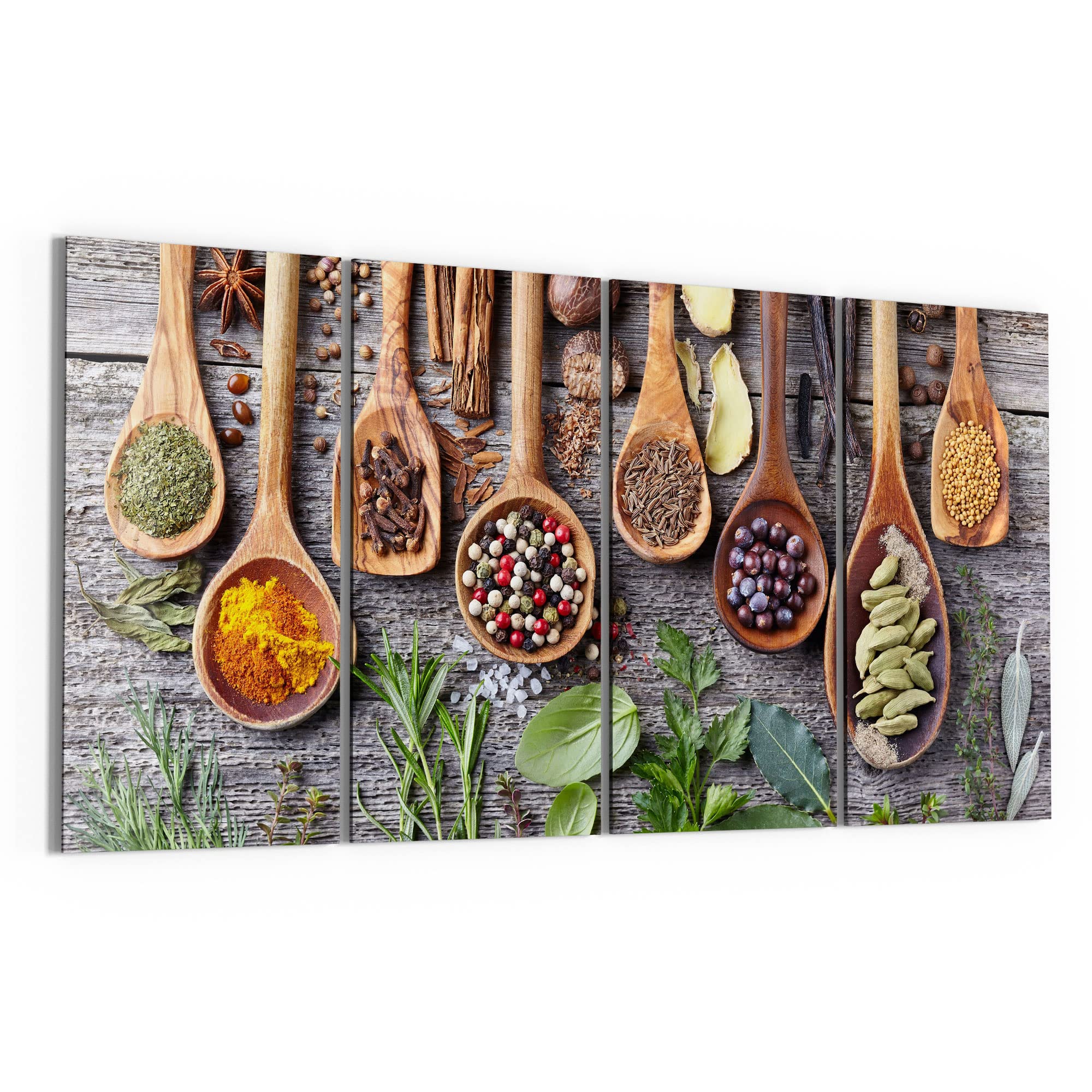 DEQORI Obrazy na szkle z prawdziwego szkła, motyw: dekoracyjne łyżki kuchenne, poziome, 4-częściowe, 120 x 60 cm, duża dekoracja XXL, obrazy ścienne do salonu, sypialni, korytarza i kuchni, nowoczesna dekoracja ścienna