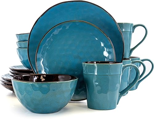 Elama - Juego de vajilla redonda de cerámica, 16 piezas, color azul océano