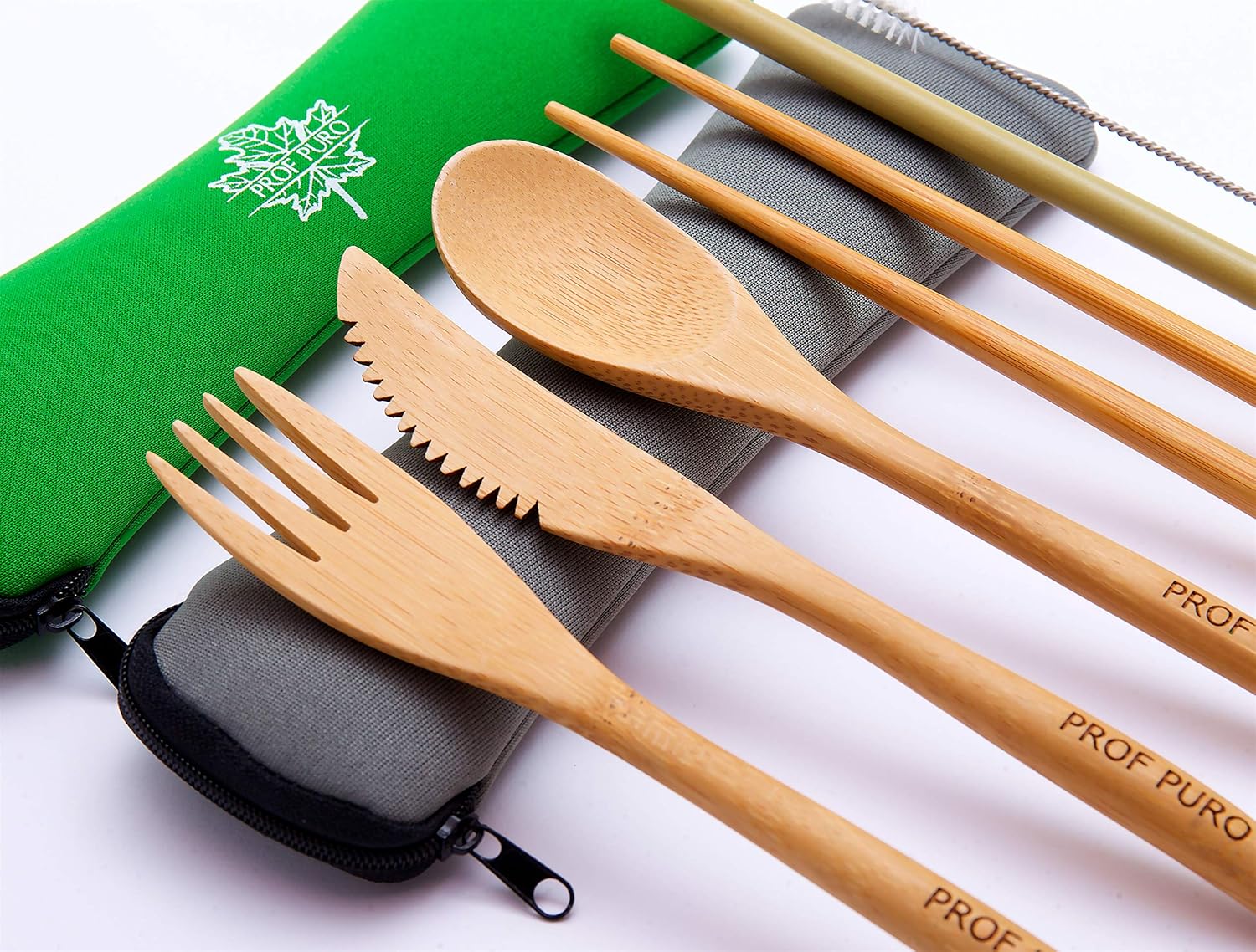 Flash Deals - 50% OFF Bamboo Cutlery Set 2 pack - Spoon Knife Fork Straw Clean Brush Chopsticks Neoprene Bag - Reusable Camping Utensils (Grey + Green) Black Friday - 80% OFF Bamboo Cutlery Set 2 pack - Spoon Knife Fork Straw Clean Brush Chopsticks Neoprene Bag - Reusable Camping Utensils (Grey + Green)