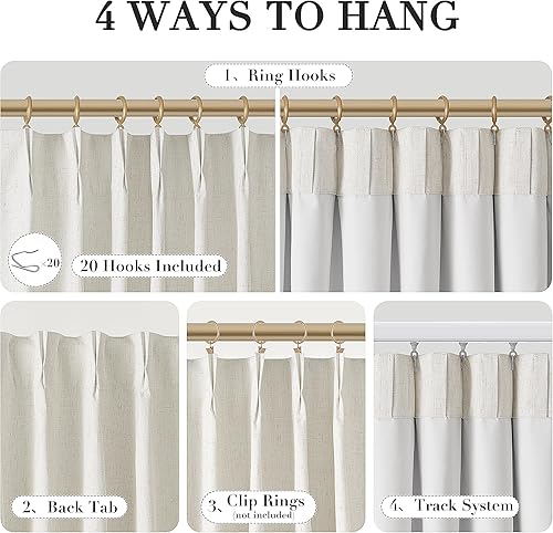 Miniatura 2 de Joywell Cortinas 100% opacas de lino marfil crema de 84 pulgadas de largo, cortinas plisadas con pestañas traseras con ganchos, bloqueo de luz,