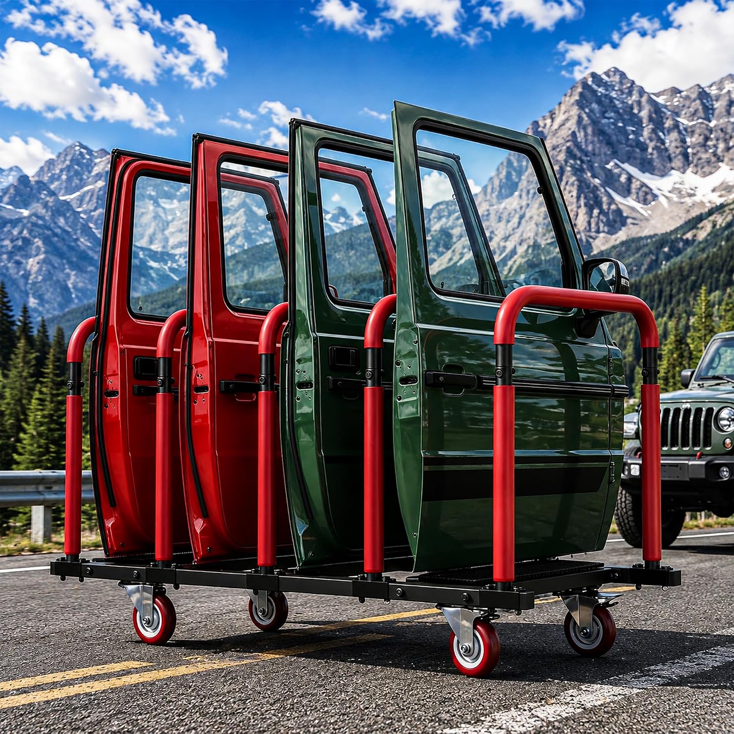 Door Storage Cart,Rolling Hanger Rack Compatible with Most 4-Door Vehicles,Space-Saving Vertical Garage Organizer with Scratch-Proof Padding & Lockable Casters