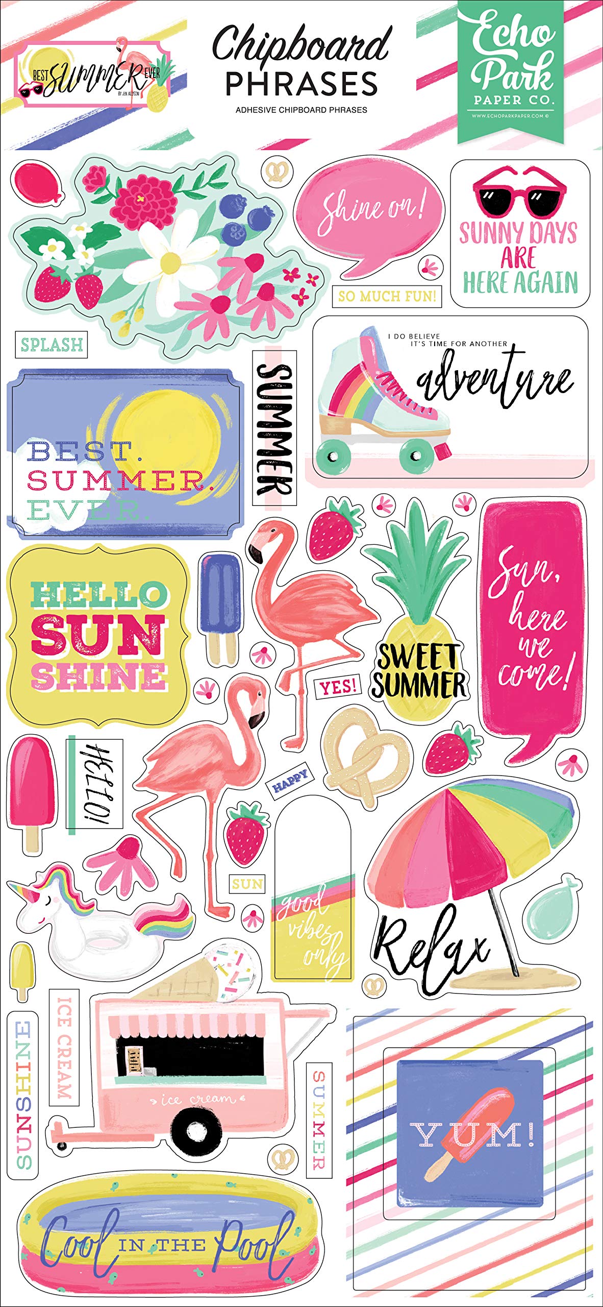 Echo Park Paper Company Best Summer Ever 6x13 Phrases chipboard, pink, teal, yellow, green, purple