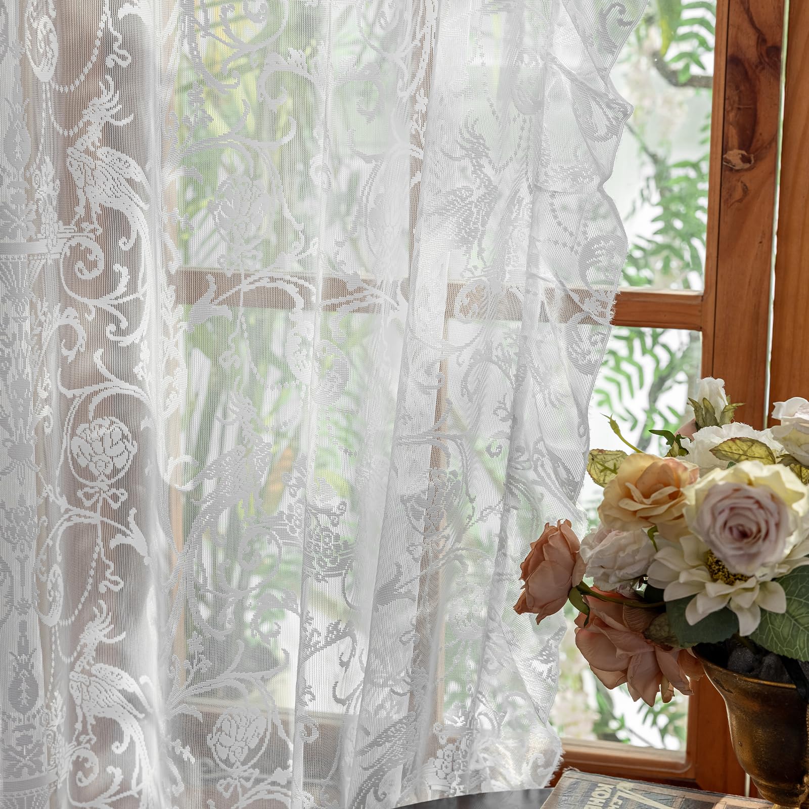 TUDECO White Lace Curtains 63 Inch Length - Victorian Sheer Voile Floral Curtains for Bedroom Nursery Elegant Ruffle Privacy Light Filtering 2 Panels Rod Pocket Window Decor, 59 x 63 Inch